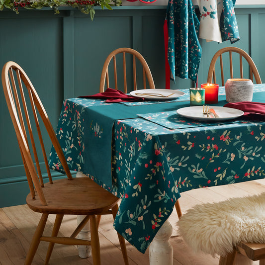 Christmas Holly and Mistletoe Cotton Table Cloth Green by Catherine Lansfield