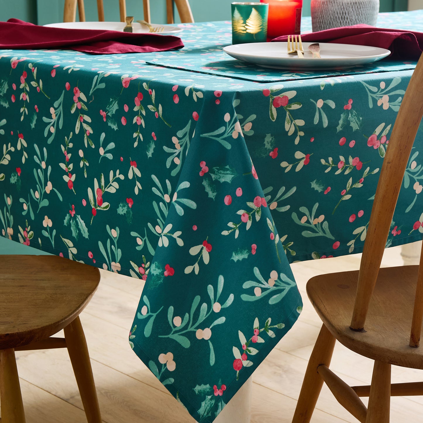 Christmas Holly and Mistletoe Cotton Table Cloth Green by Catherine Lansfield