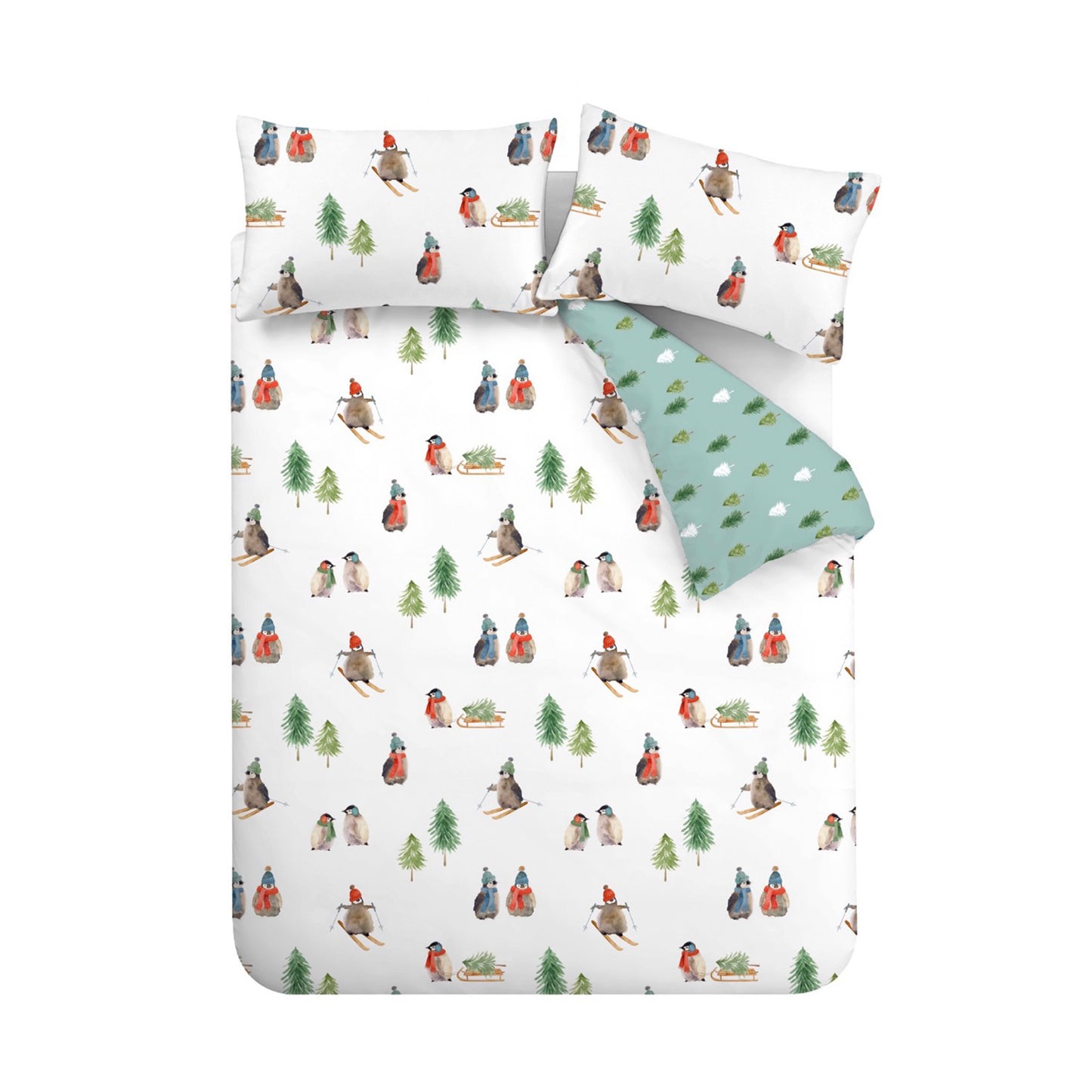 Brushed Snowy Penguin Cotton Reversible Duvet Cover Set in White by Catherine Lansfield