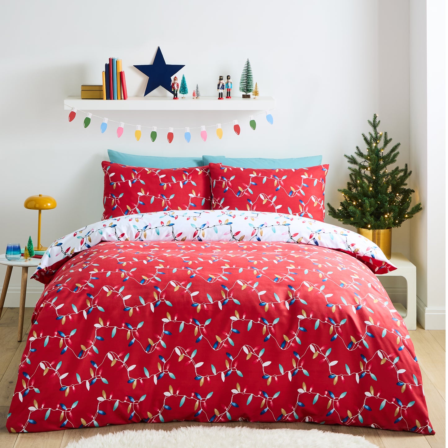 Christmas Lights Soft Microfibre Reversible Duvet Cover Set in Red by Catherine Lansfield