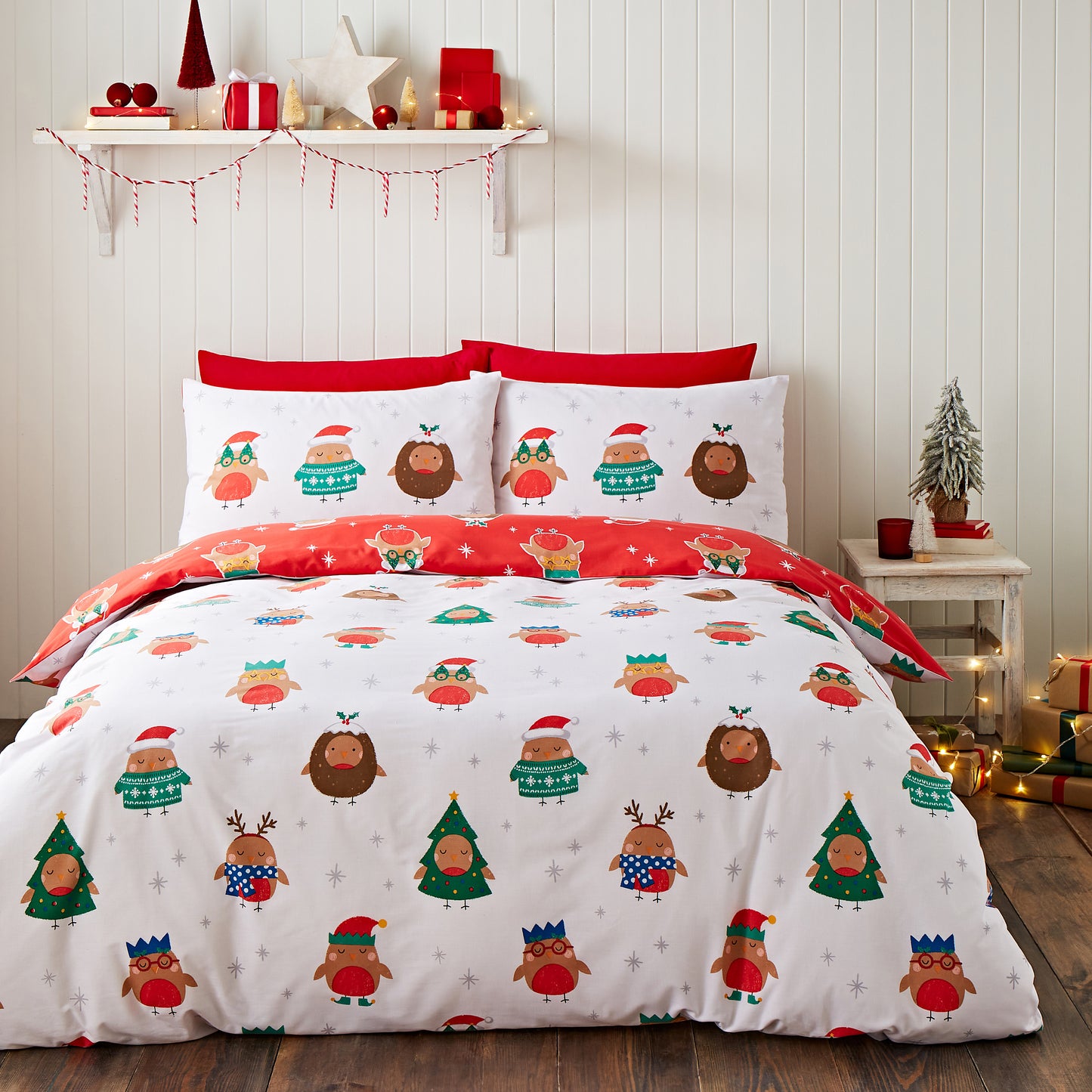 Christmas Party Robins Reversible Duvet Cover Set in Grey by Catherine Lansfield