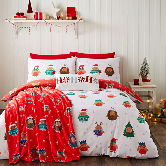 Christmas Party Robins Reversible Duvet Cover Set in Grey by Catherine Lansfield