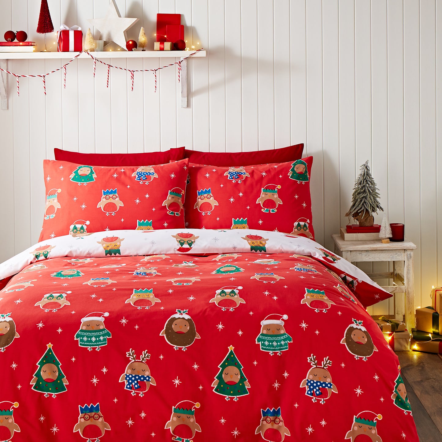 Christmas Party Robins Reversible Duvet Cover Set in Grey by Catherine Lansfield