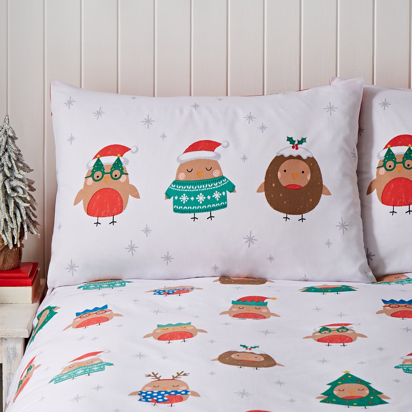 Christmas Party Robins Reversible Duvet Cover Set in Grey by Catherine Lansfield