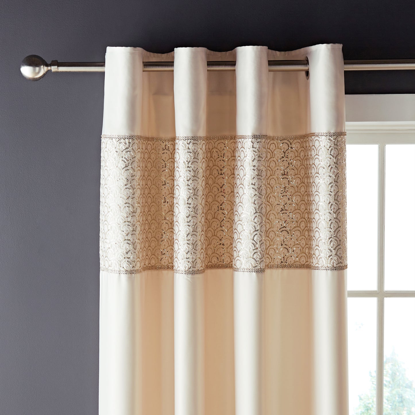 Deco Sequin Lined Eyelet Curtains in Champagne by Catherine Lansfield