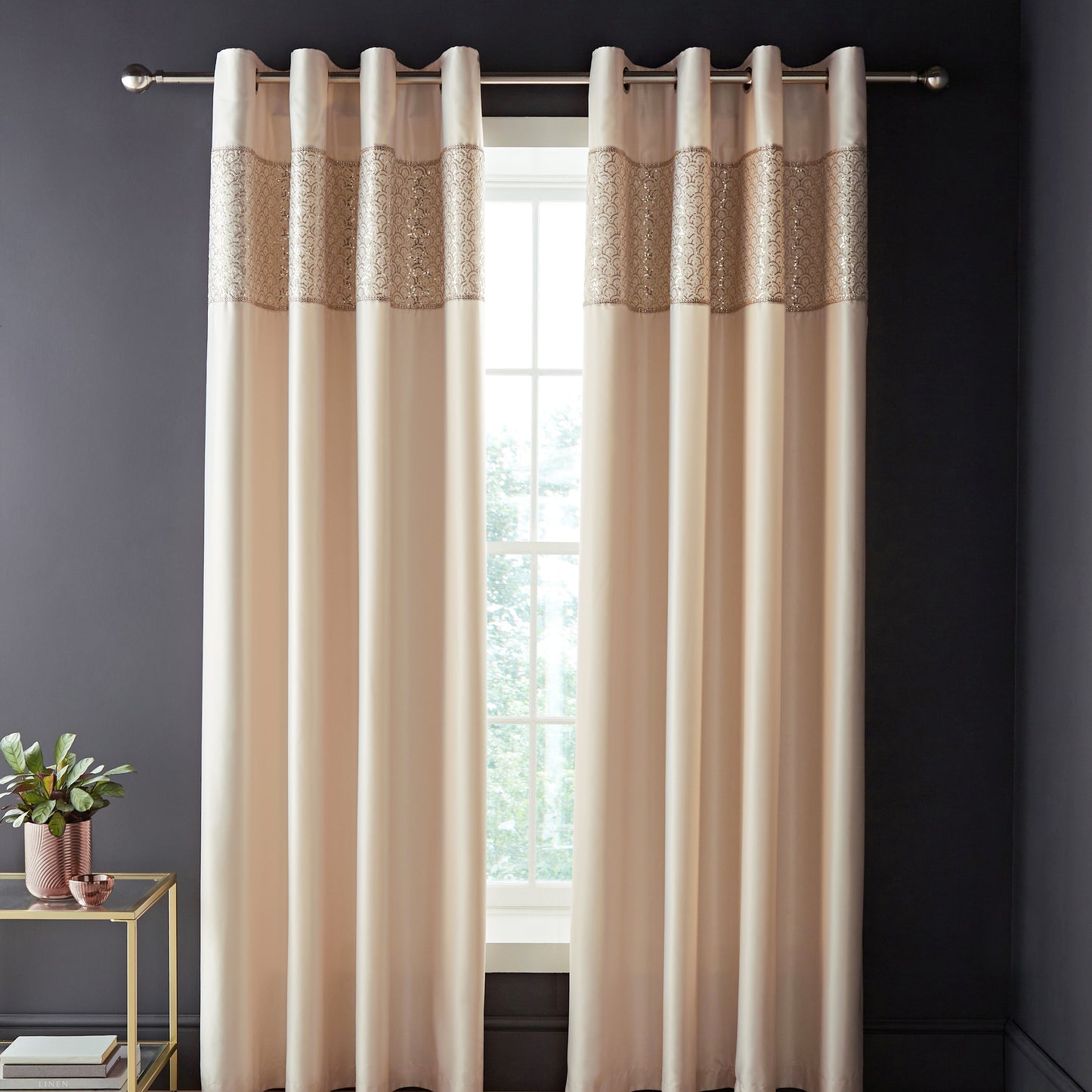 Deco Sequin Lined Eyelet Curtains in Champagne by Catherine Lansfield