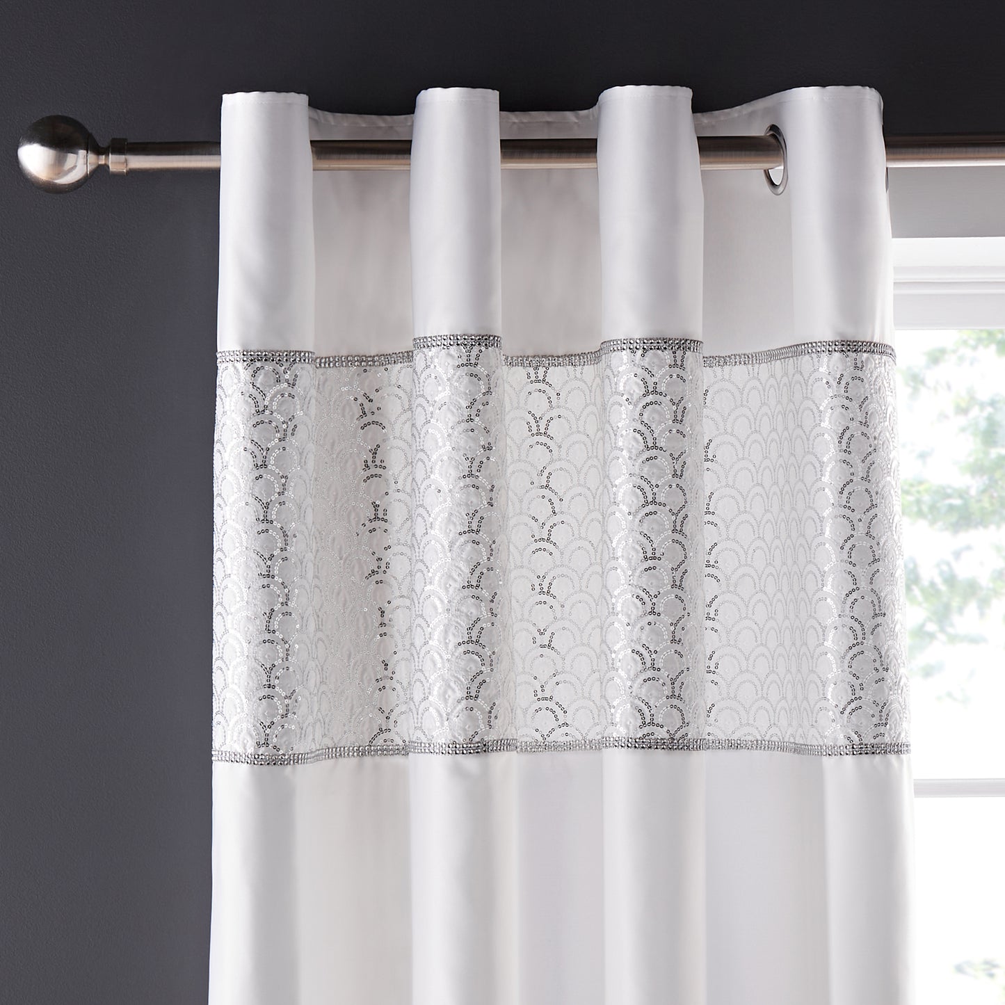 Deco Sequin Lined Eyelet Curtains in White by Catherine Lansfield