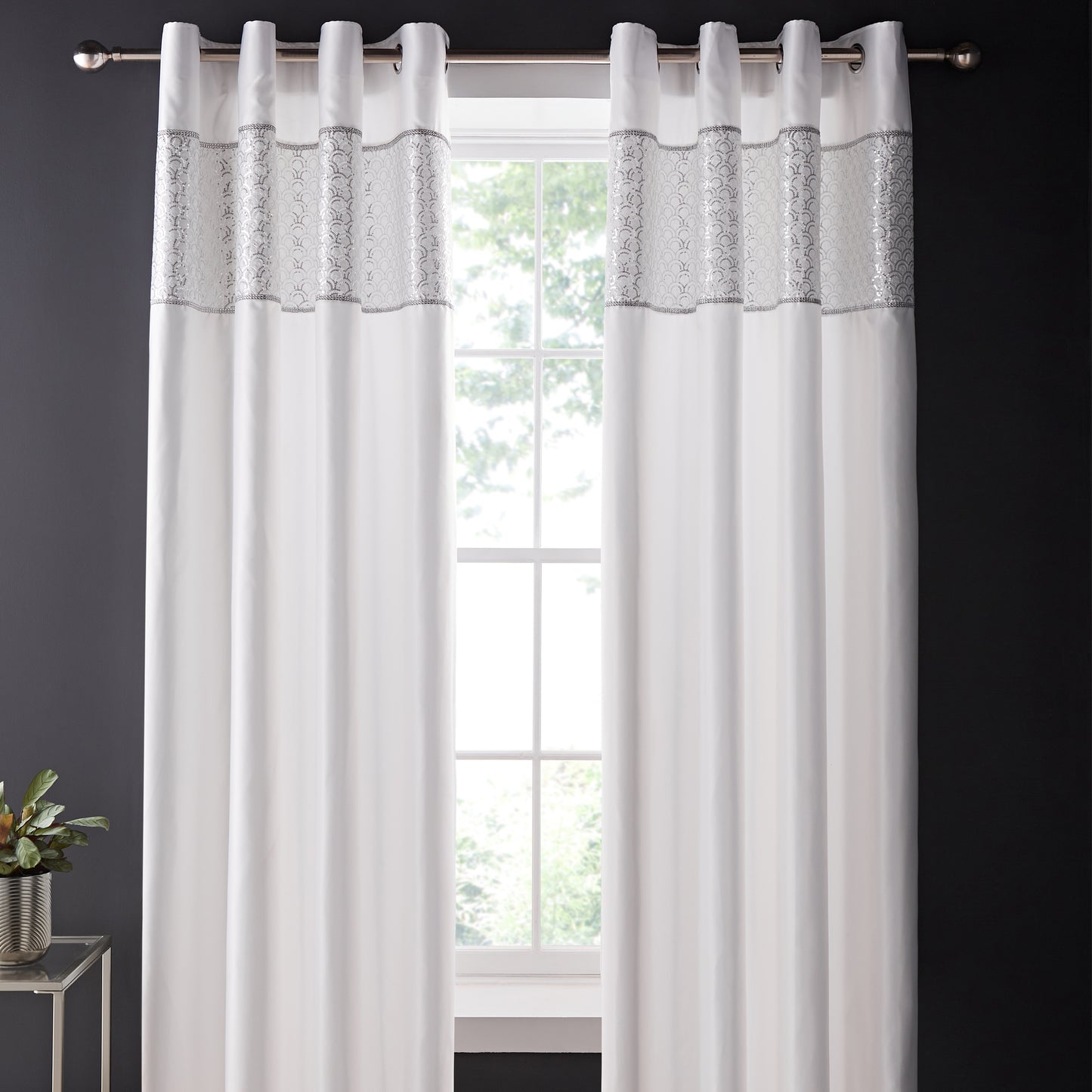 Deco Sequin Lined Eyelet Curtains in White by Catherine Lansfield