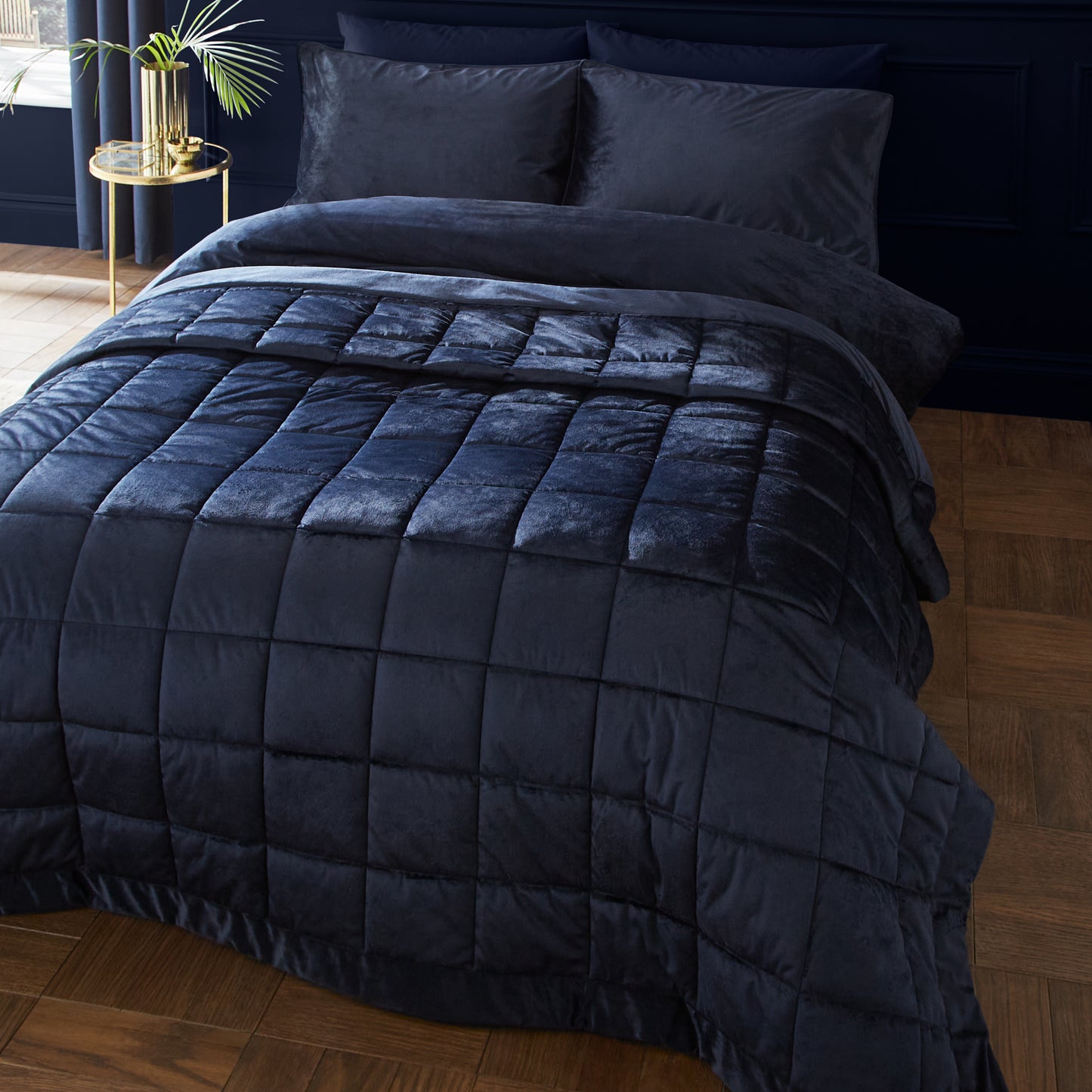 Kingsley Matt Velvet Quilted Bedspread in Navy by Catherine Lansfield