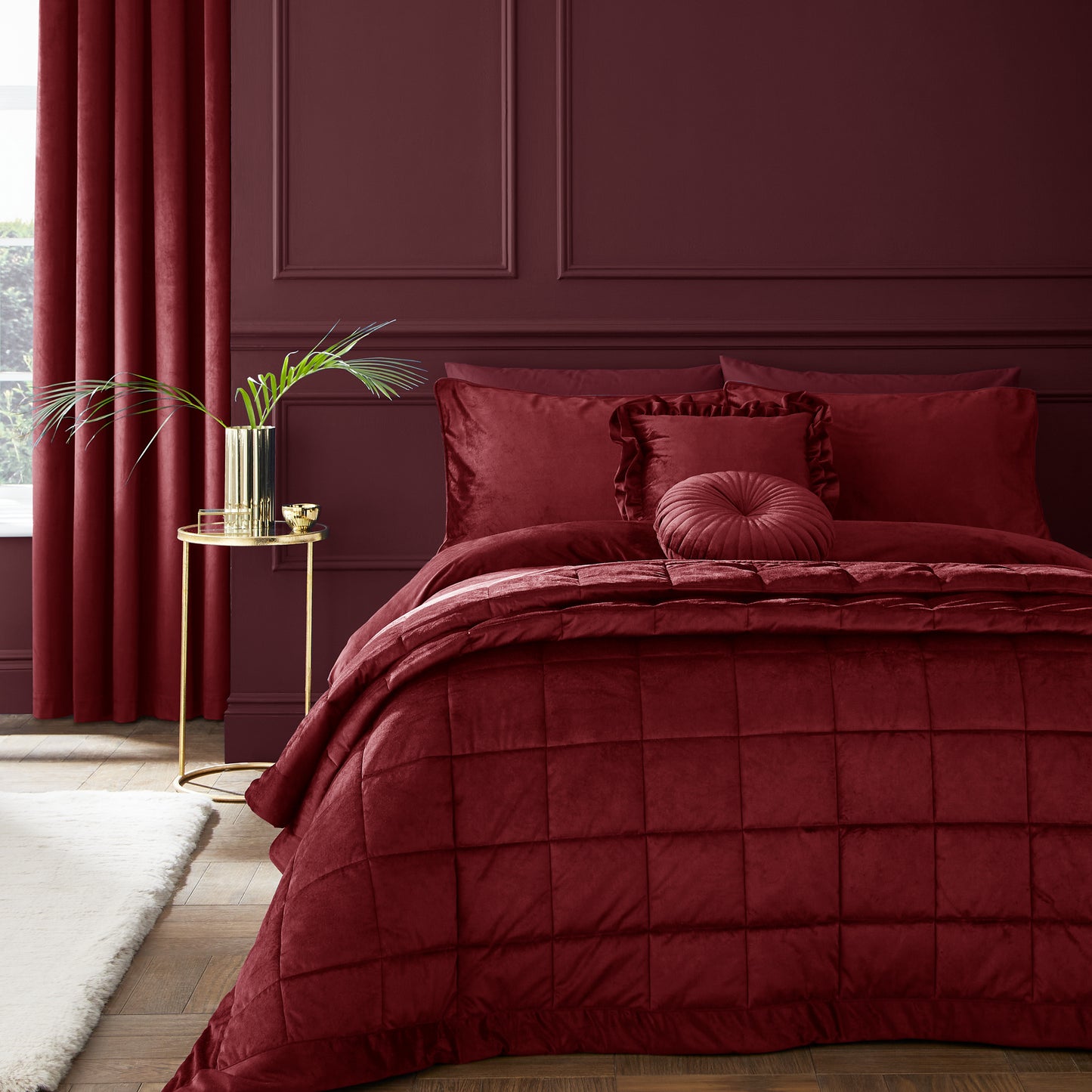 Kingsley Matt Velvet Quilted Bedspread in Raspberry by Catherine Lansfield