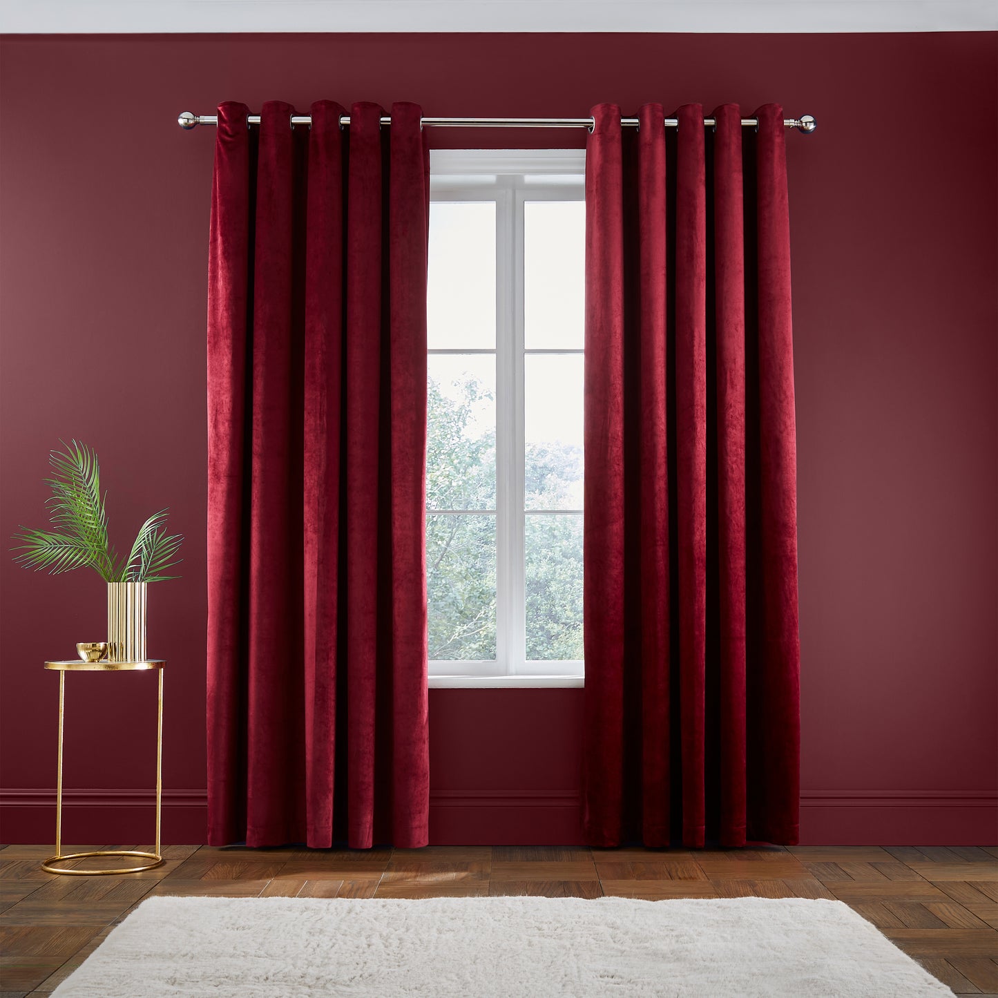 Kingsley Matt Velvet Lined Eyelet Curtains in Raspberry by Catherine Lansfield