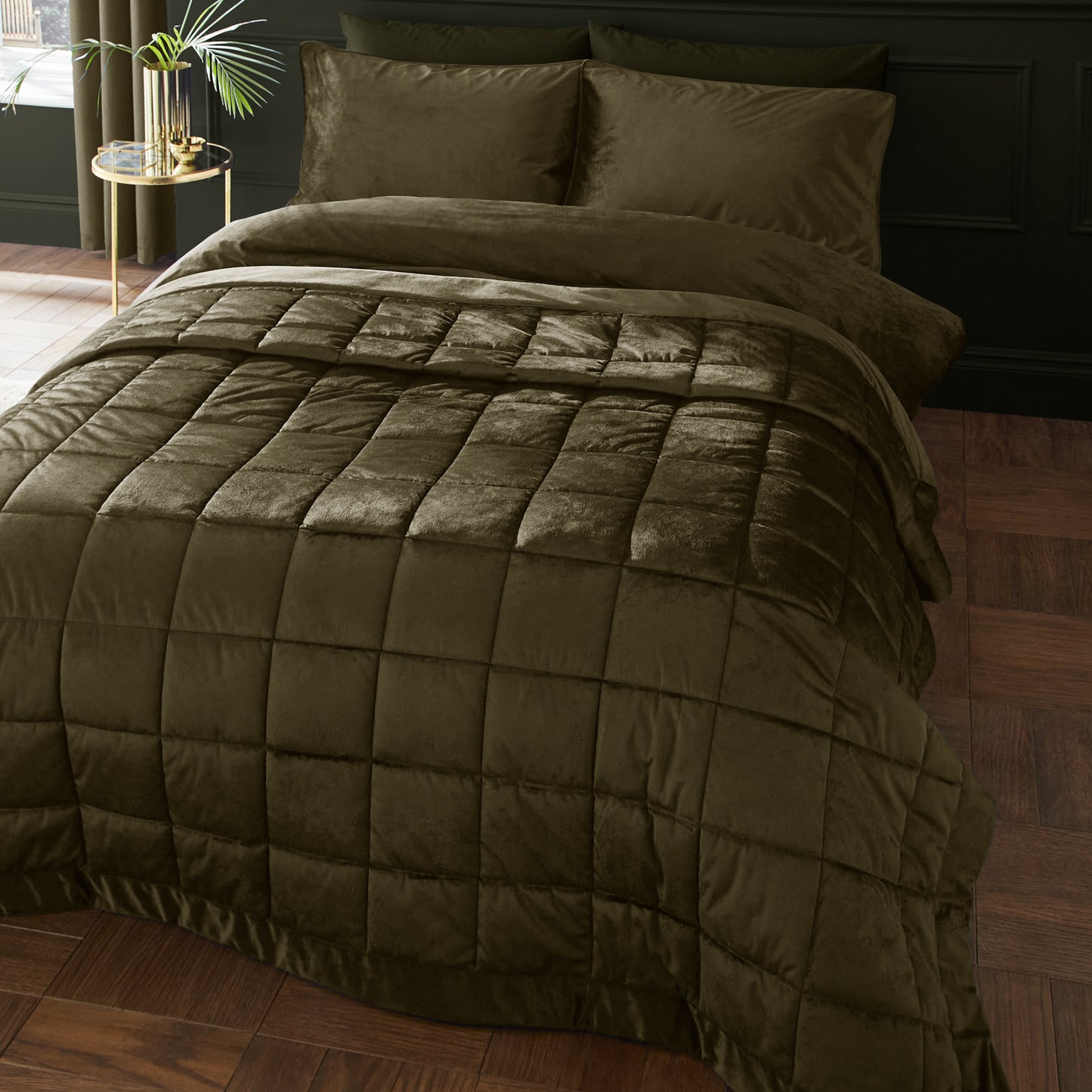 Kingsley Matt Velvet Quilted Bedspread in Olive by Catherine Lansfield