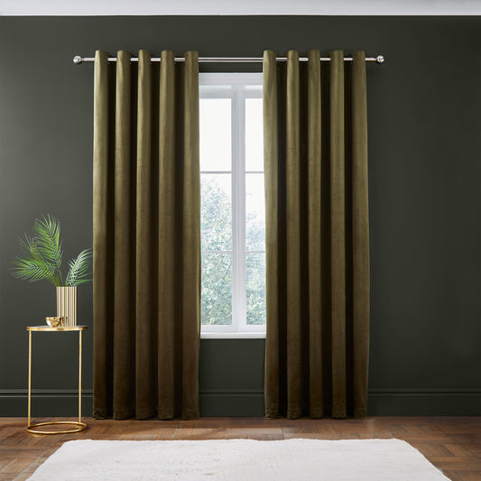 Kingsley Matt Velvet Lined Eyelet Curtains in Olive by Catherine Lansfield