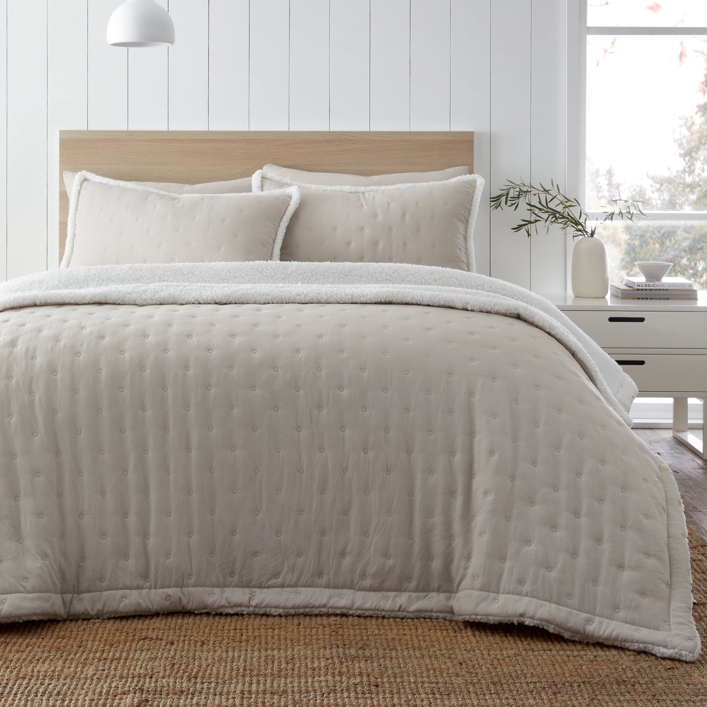 Cosy Nori Soft Sherpa Bedspread in Cream by Catherine Lansfield