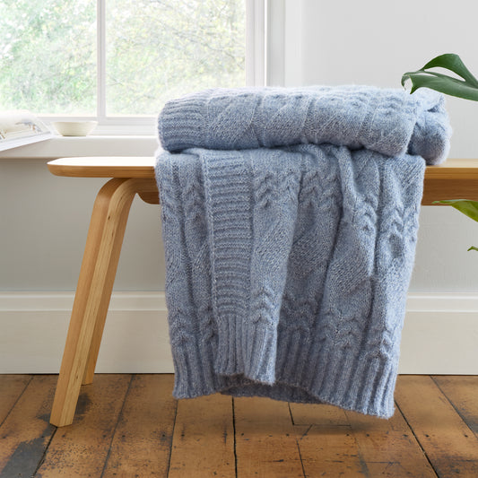 Cosy Soft Cable Knit 130x170cm Blanket Throw in Blue by Bianca