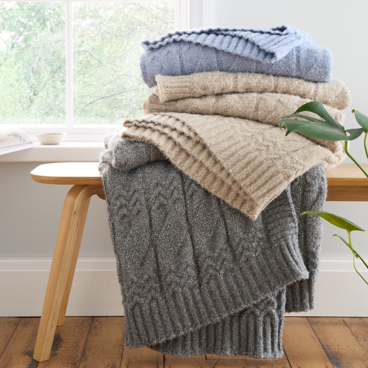 Cosy Soft Cable Knit 130x170cm Blanket Throw in Natural by Bianca