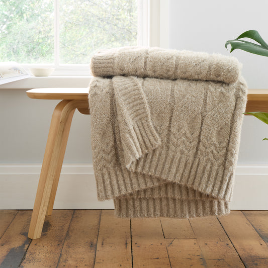 Cosy Soft Cable Knit 130x170cm Blanket Throw in Natural by Bianca