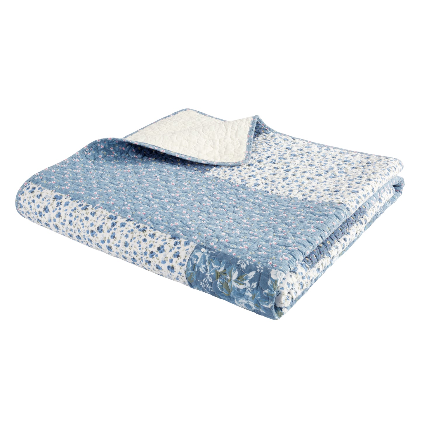 Bianca Limited Edition 100% Cotton Floral Patchwork Bedspread Throw in Blue and White