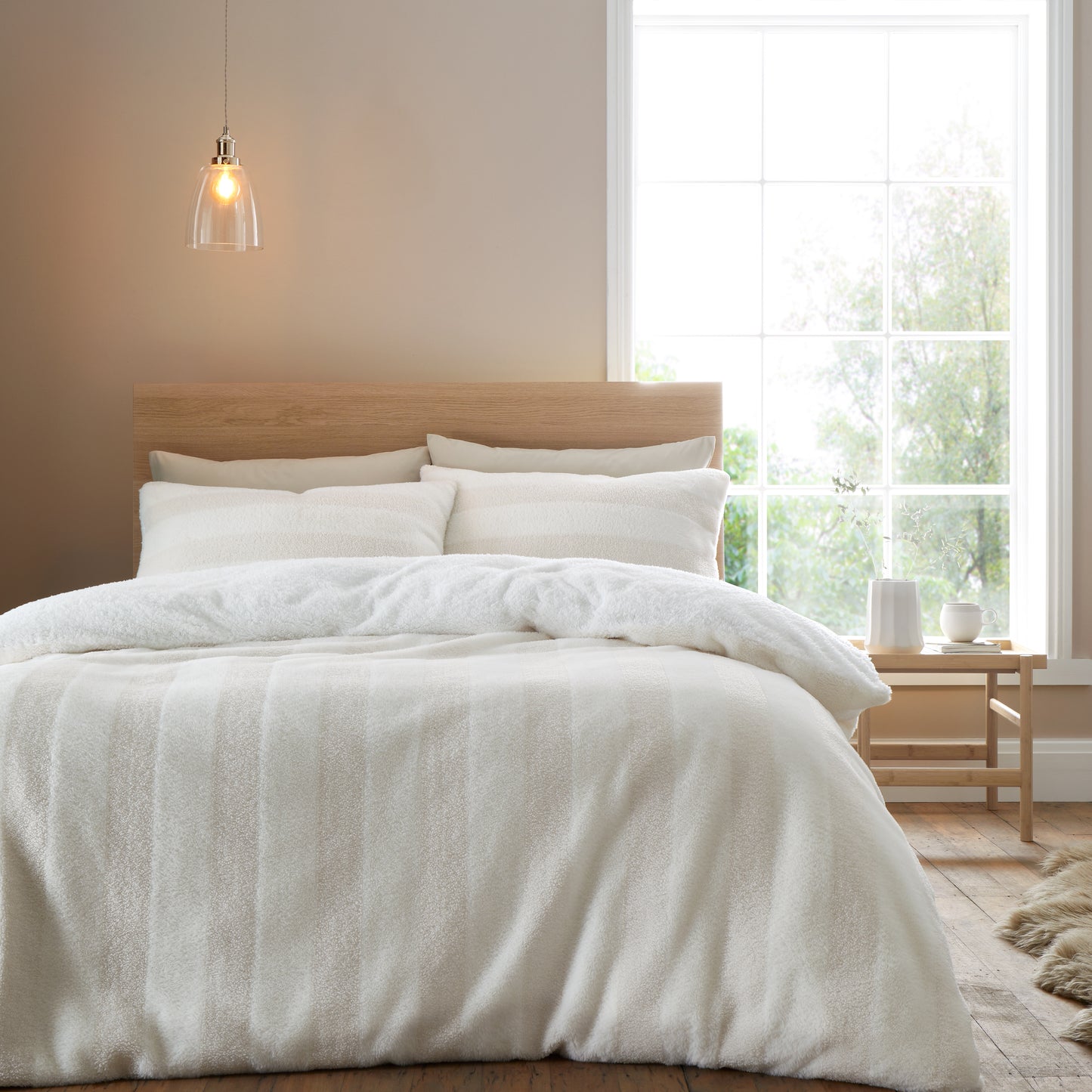 Cosy Soft Stripe Faux Fur Duvet Cover Set in Cream by Bianca