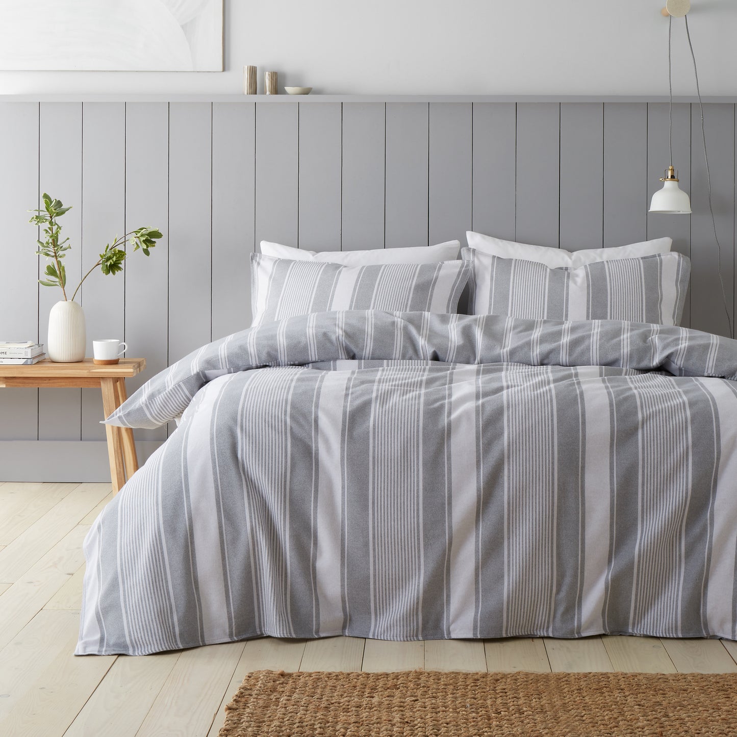 Brushed Cotton Ticking Stripe Reversible Duvet Cover Set in Grey by Bianca