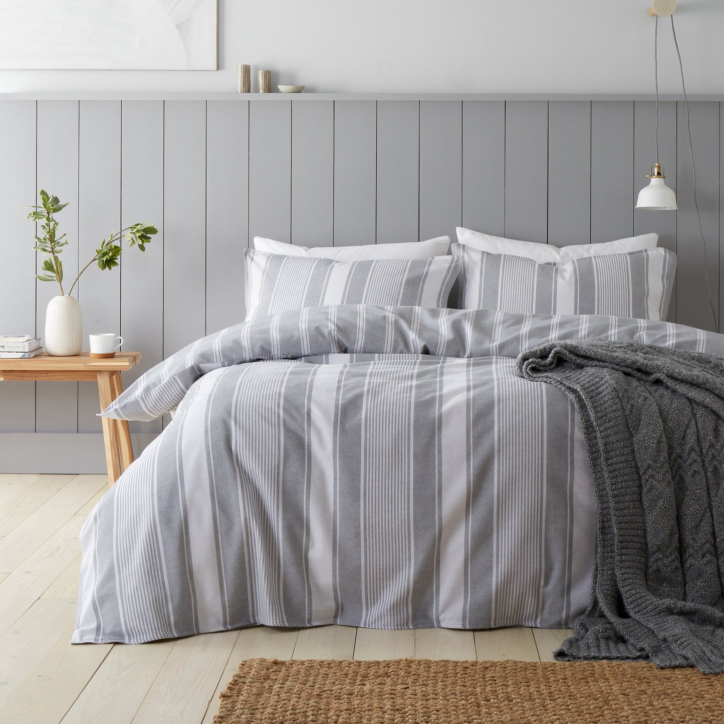 Brushed Cotton Ticking Stripe Reversible Duvet Cover Set in Grey by Bianca