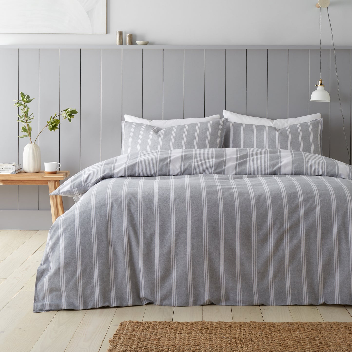 Brushed Cotton Ticking Stripe Reversible Duvet Cover Set in Grey by Bianca