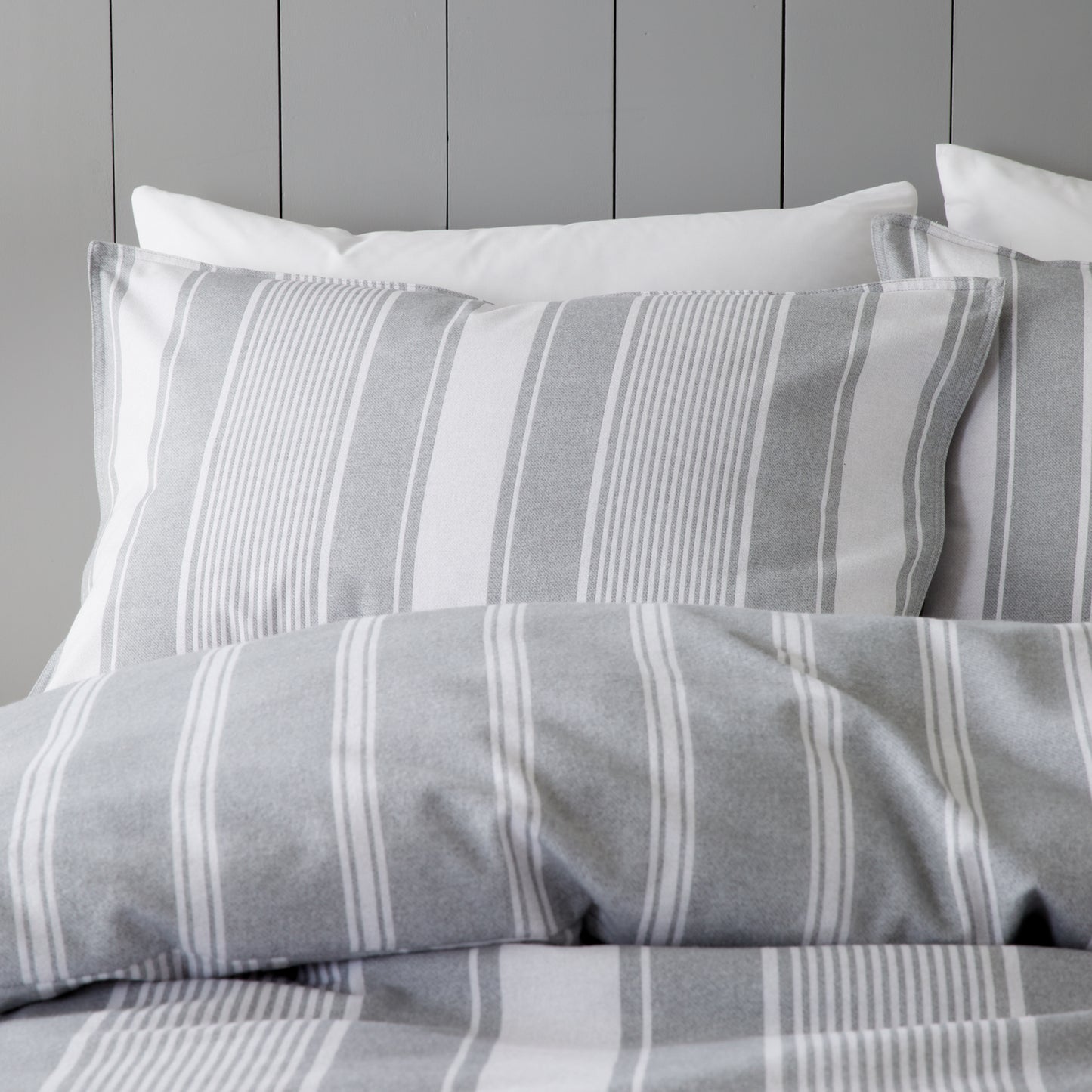 Brushed Cotton Ticking Stripe Reversible Duvet Cover Set in Grey by Bianca