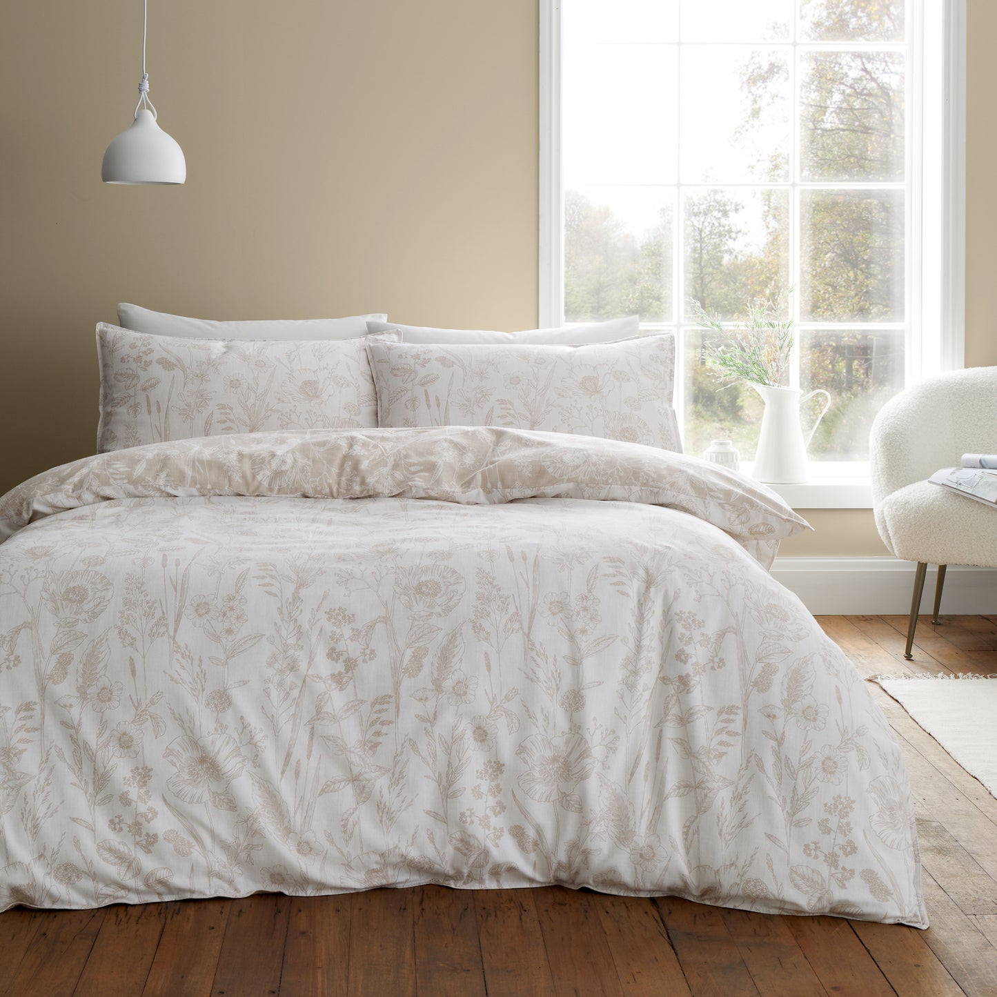 Brushed Cotton Floral Toile Reversible Duvet Cover Set in Natural by Bianca