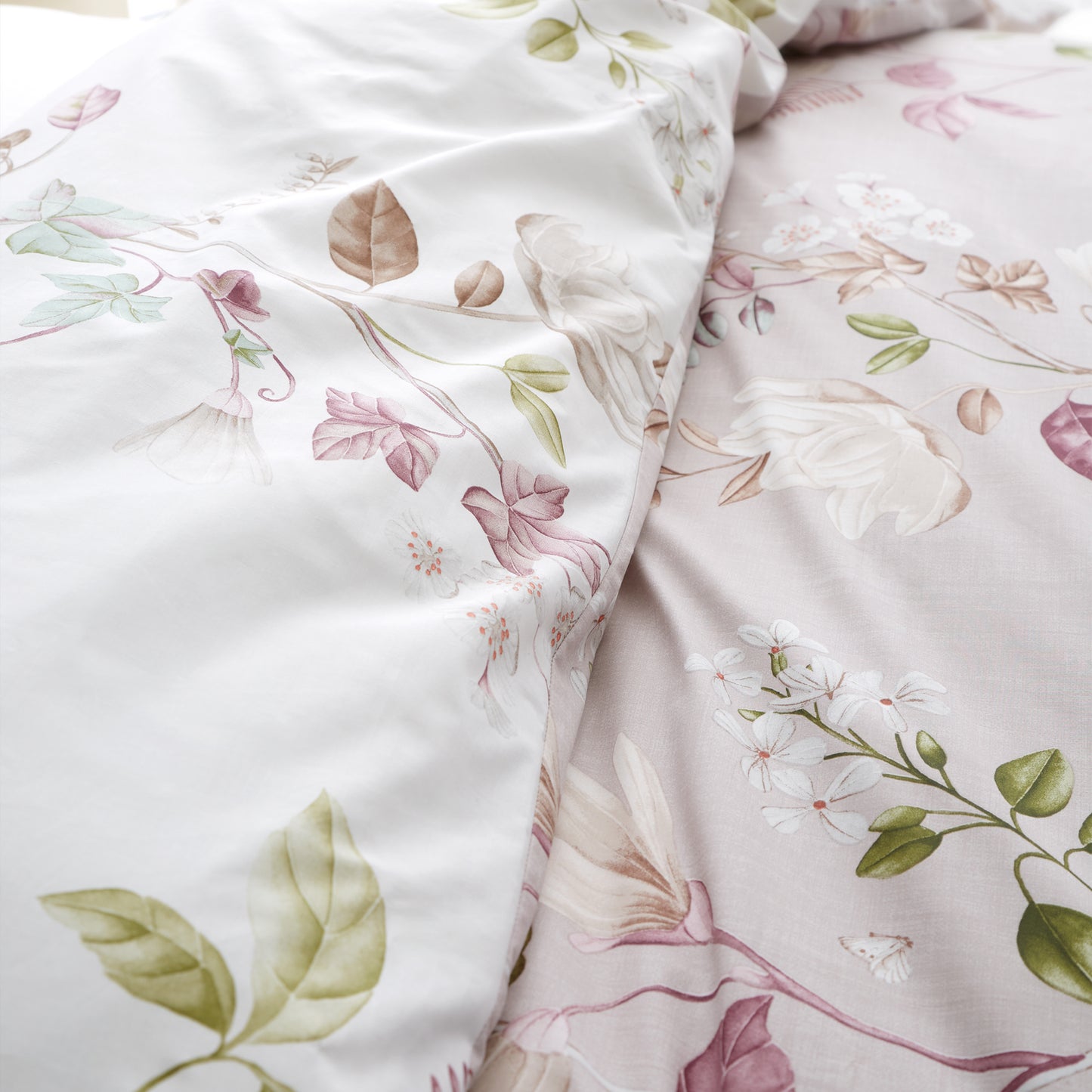 Francesca Floral 200 Thread Count Cotton Reversible Duvet Cover Set in Cream Pink by Bianca