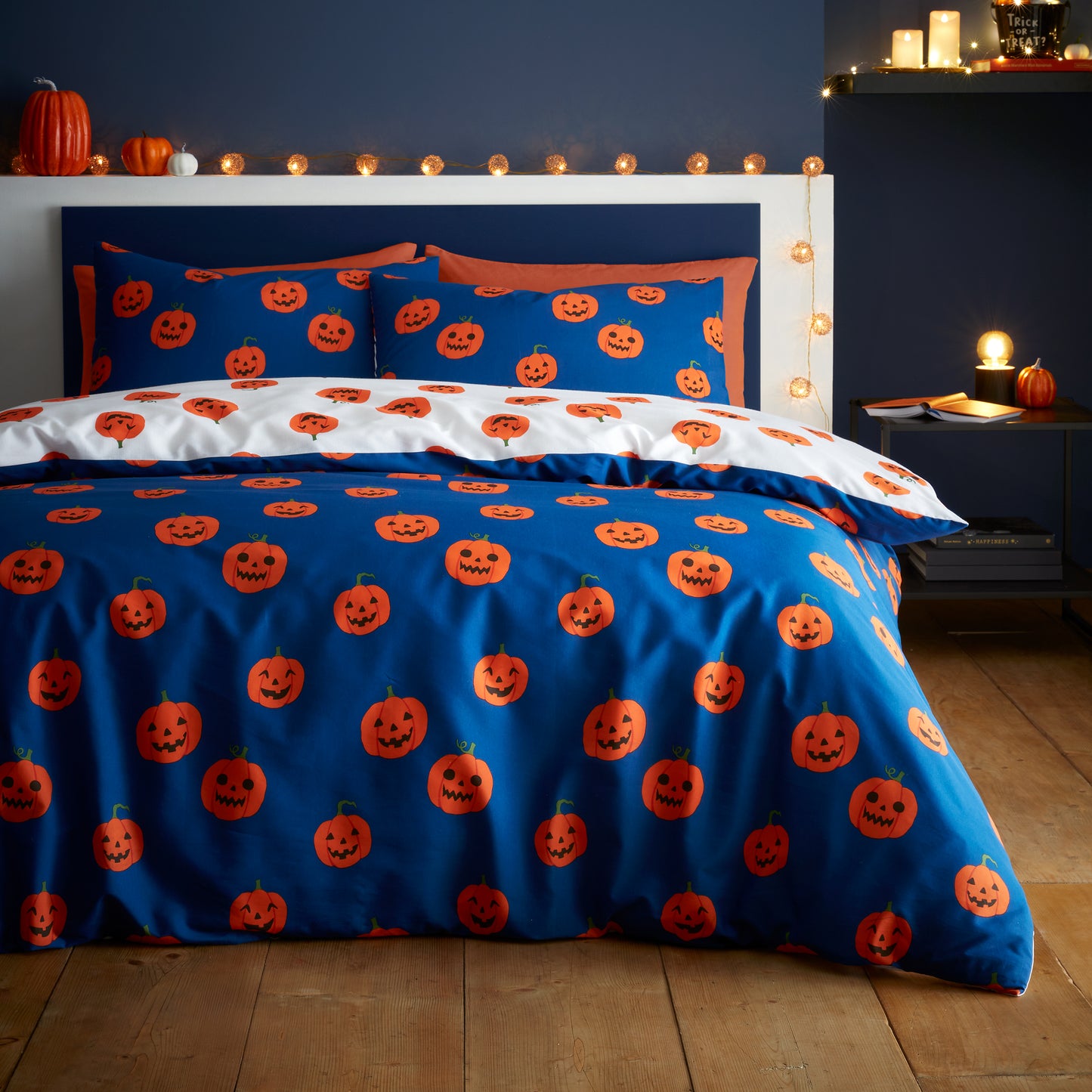 Halloween Pumpkins Reversible Duvet Cover Set in Navy Blue by Catherine Lansfield