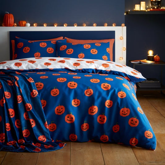 Halloween Pumpkins Reversible Duvet Cover Set in Navy Blue by Catherine Lansfield