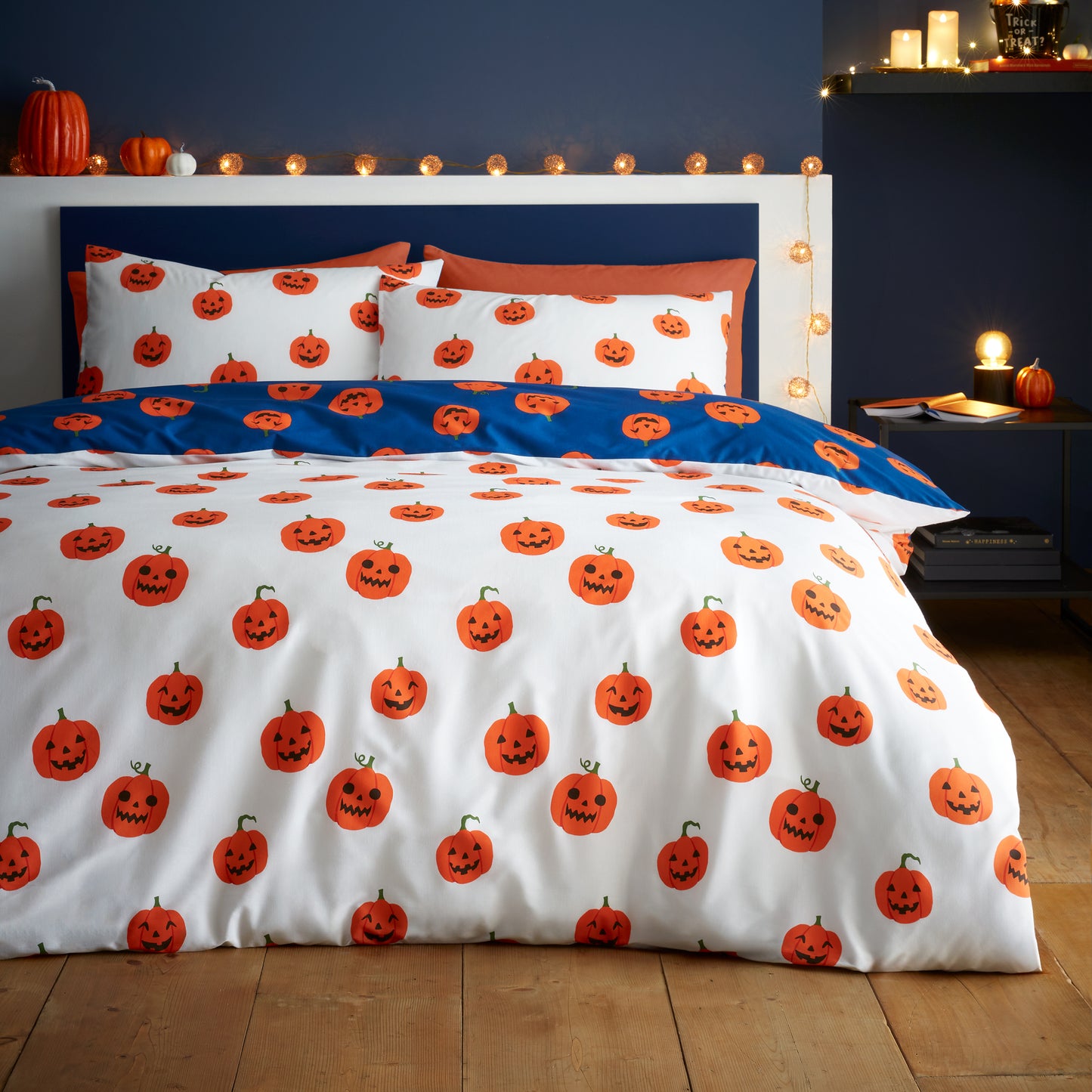 Halloween Pumpkins Reversible Duvet Cover Set in Navy Blue by Catherine Lansfield