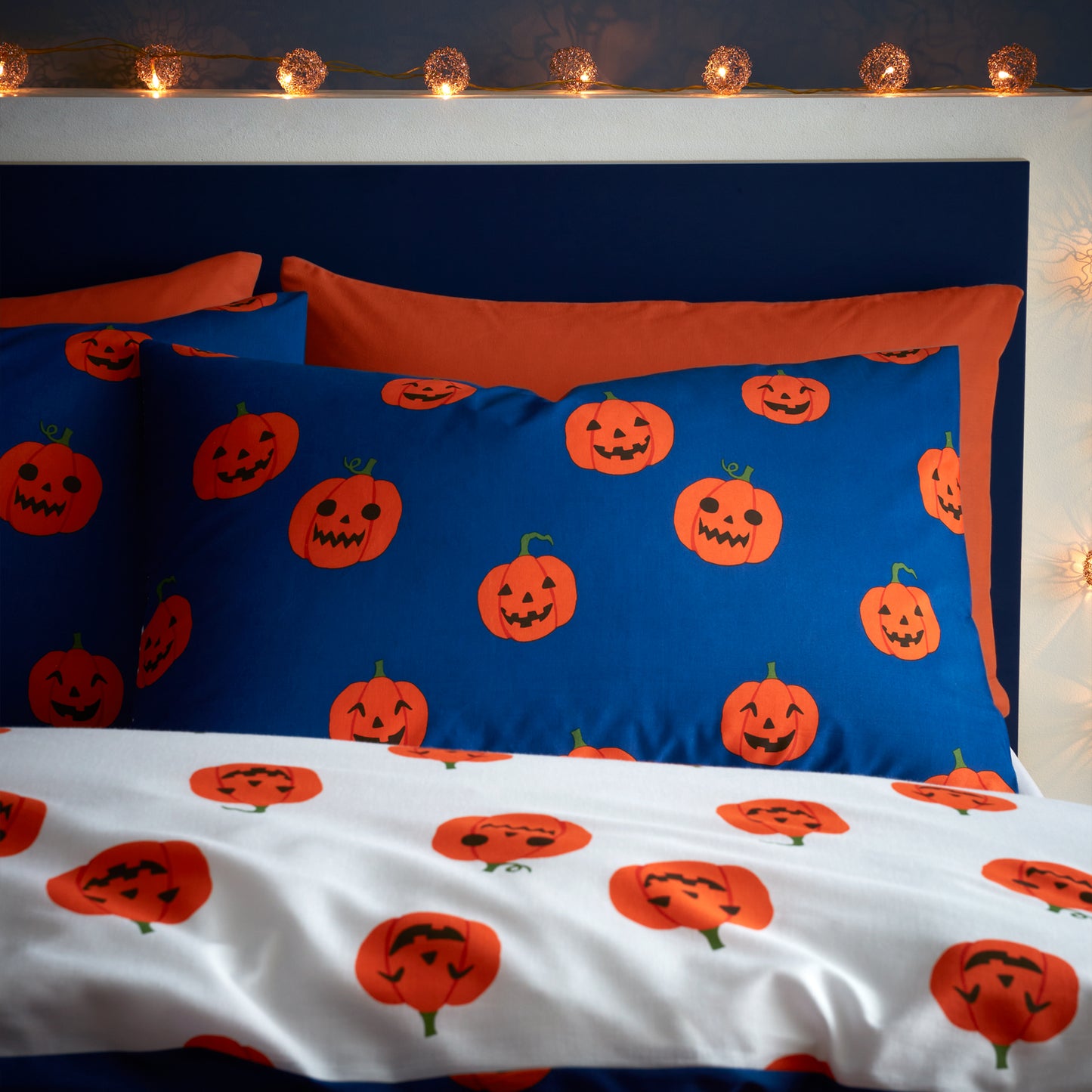 Halloween Pumpkins Reversible Duvet Cover Set in Navy Blue by Catherine Lansfield