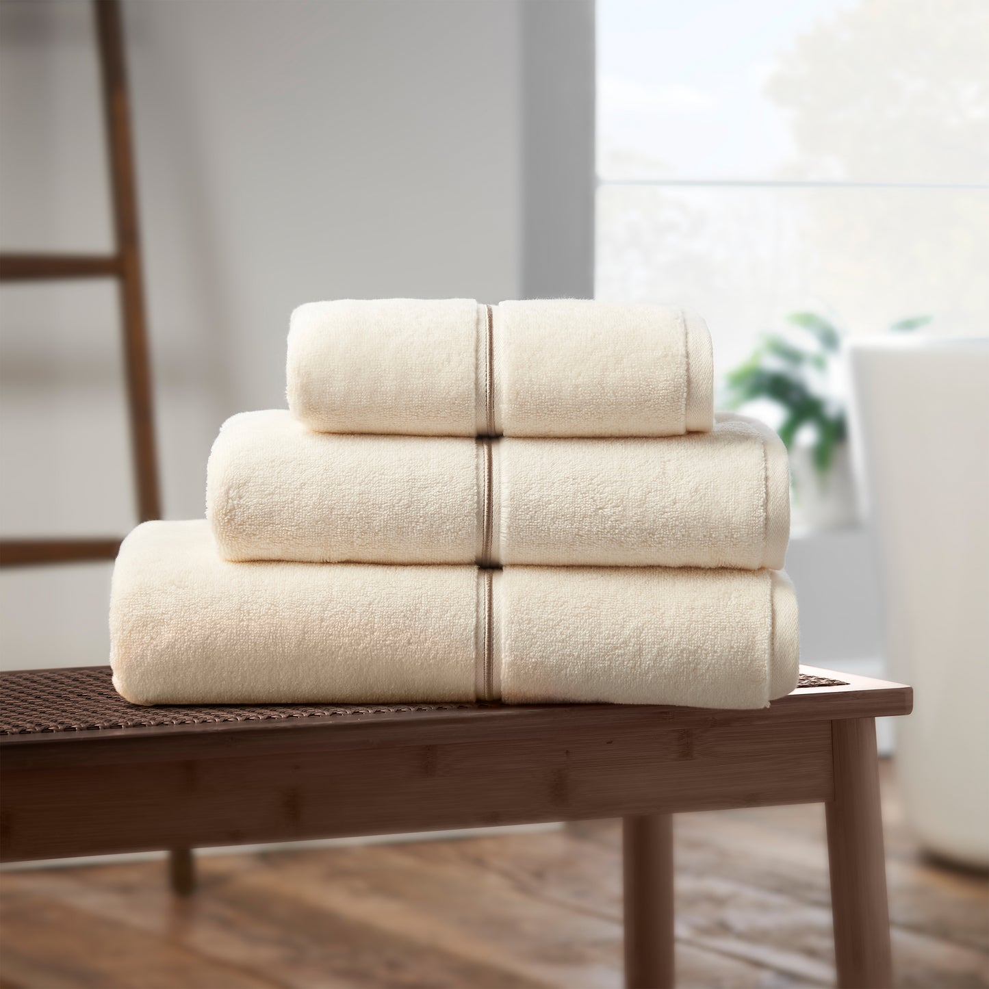 Zero Twist Satin Stitch Cotton Bath Towels in Cream by Bianca