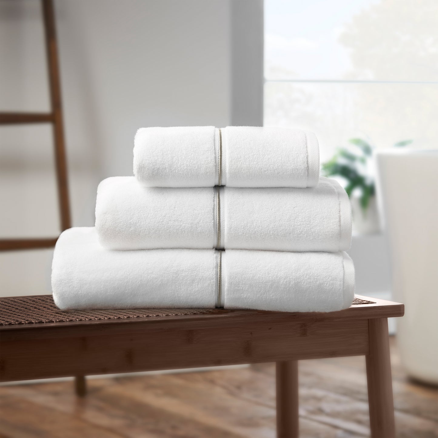 Zero Twist Satin Stitch Cotton Bath Towels in White by Bianca