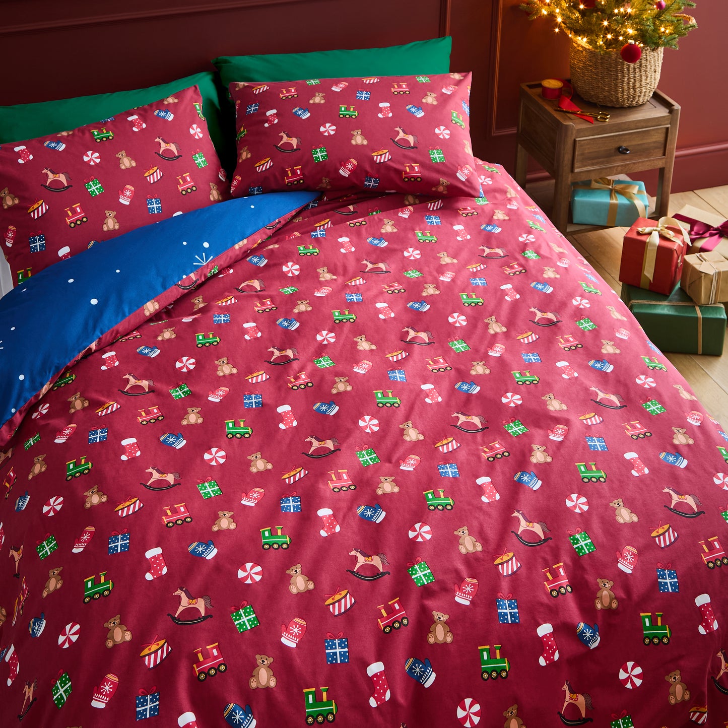 Christmas Santa's Workshop Reversible Duvet Cover Set in Navy Blue by Catherine Lansfield