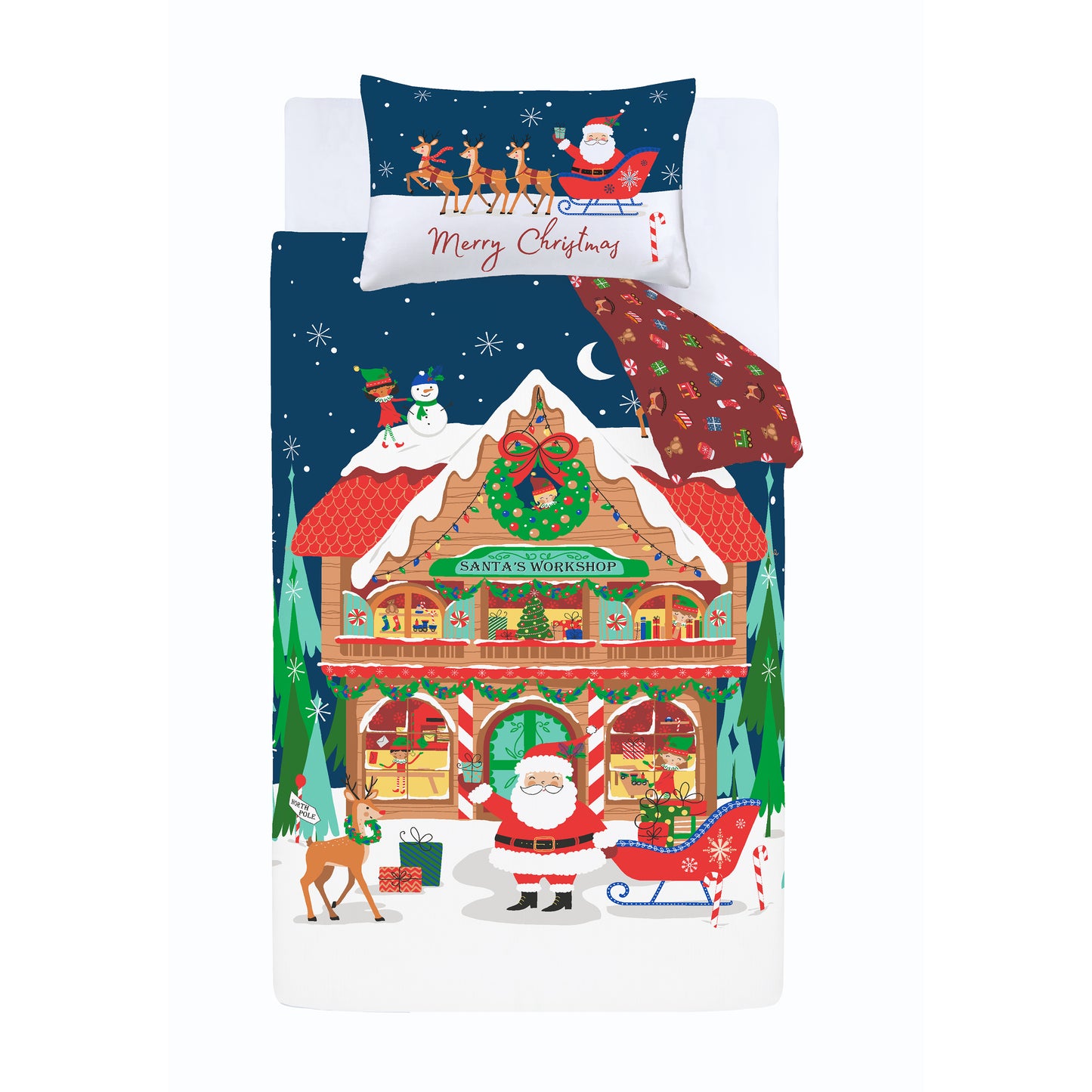 Christmas Santa's Workshop Reversible Duvet Cover Set in Navy Blue by Catherine Lansfield