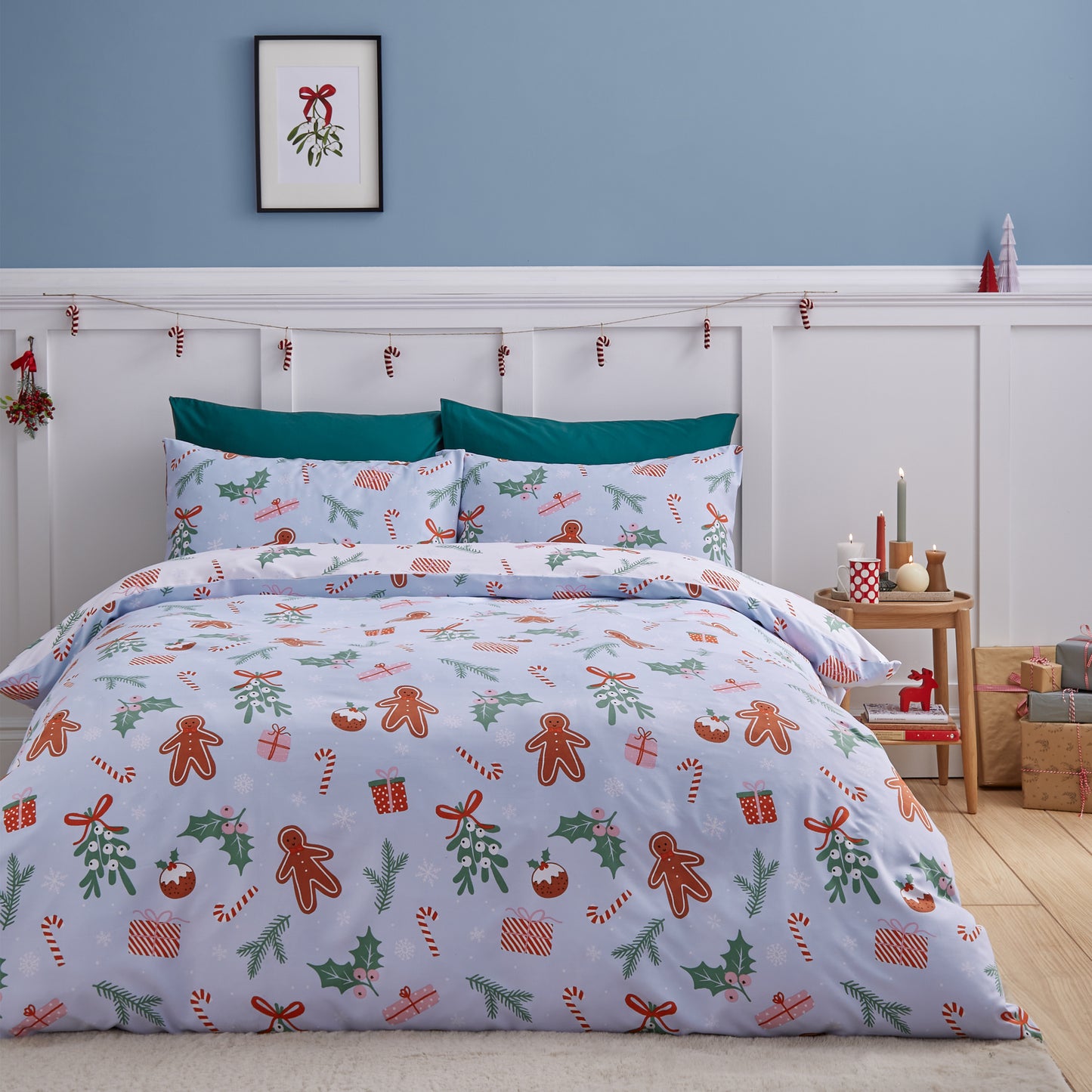 Christmas Gingerbread Soft Microfibre Reversible Duvet Cover Set in Blue by Catherine Lansfield