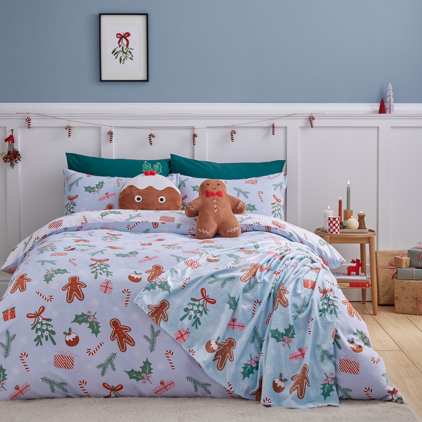 Christmas Gingerbread Soft Microfibre Reversible Duvet Cover Set in Blue by Catherine Lansfield