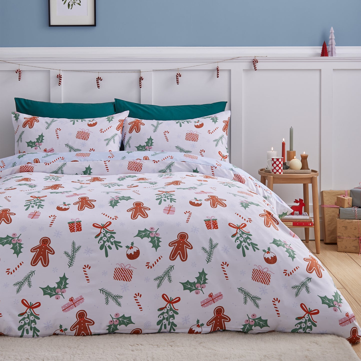 Christmas Gingerbread Soft Microfibre Reversible Duvet Cover Set in Blue by Catherine Lansfield