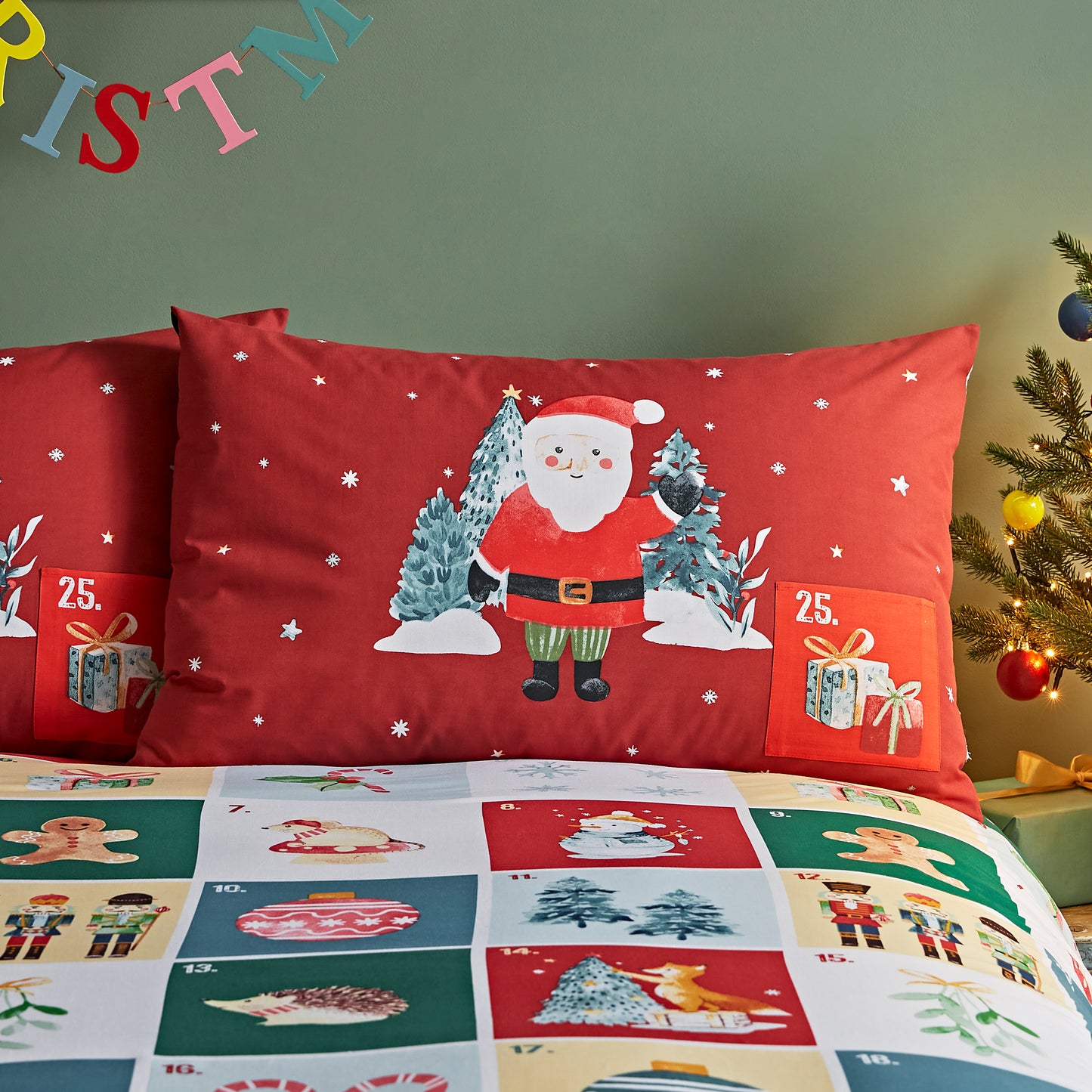 Christmas Advent Calendar Reversible Duvet Cover Set in Red by Catherine Lansfield