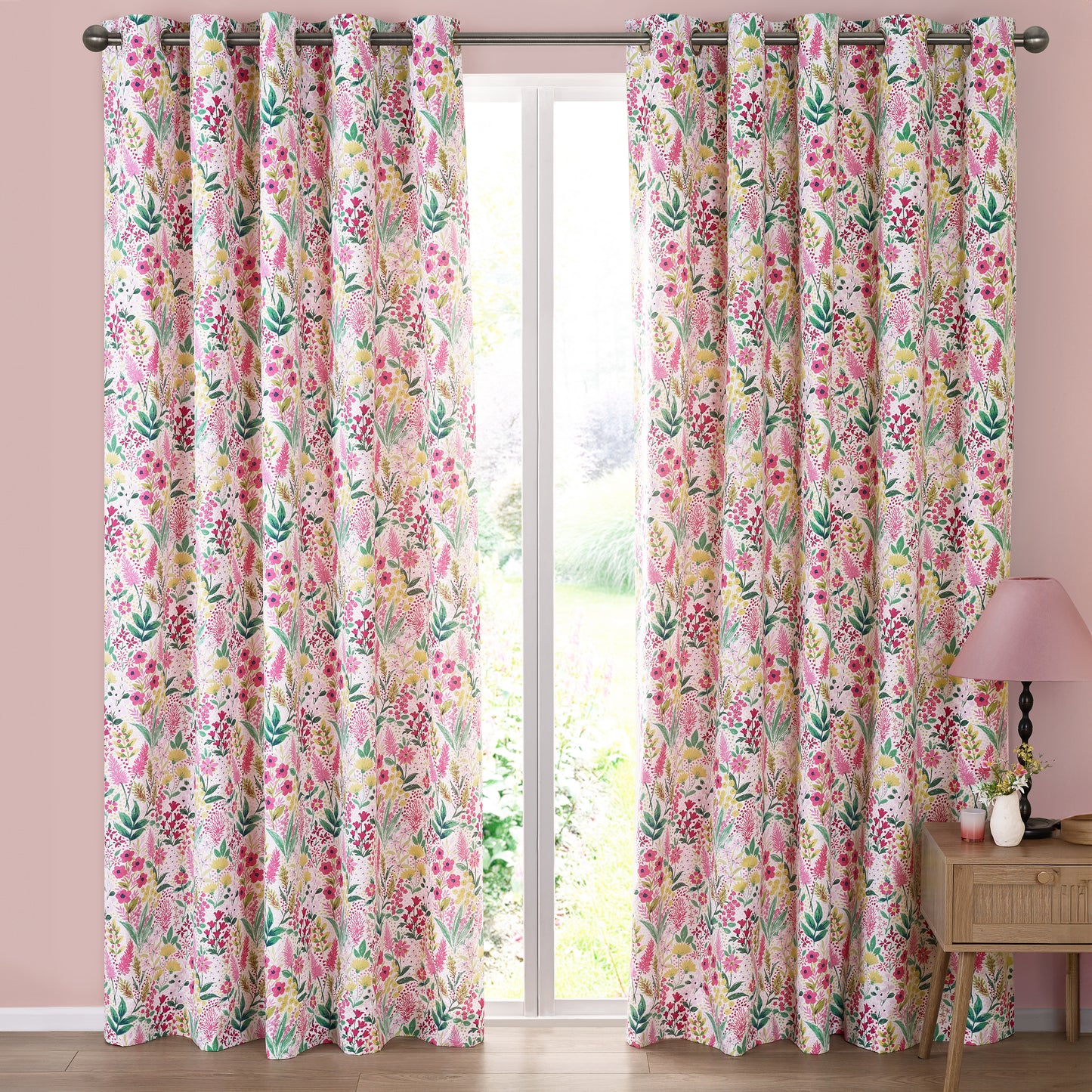 Tilly Floral Fully Reversible 66x90 Inch Eyelet Curtains in Pink by Catherine Lansfield