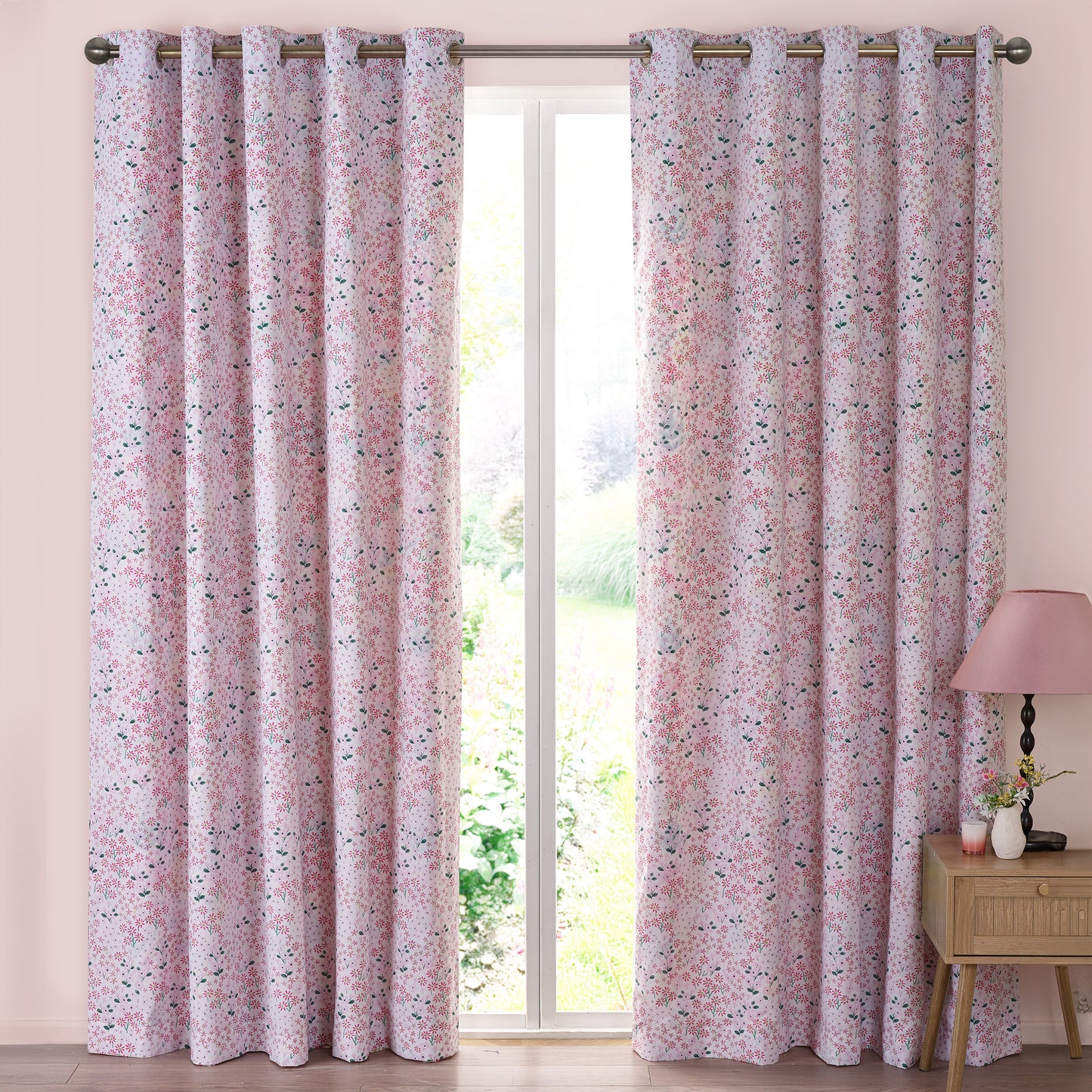 Tilly Floral Fully Reversible 66x90 Inch Eyelet Curtains in Pink by Catherine Lansfield