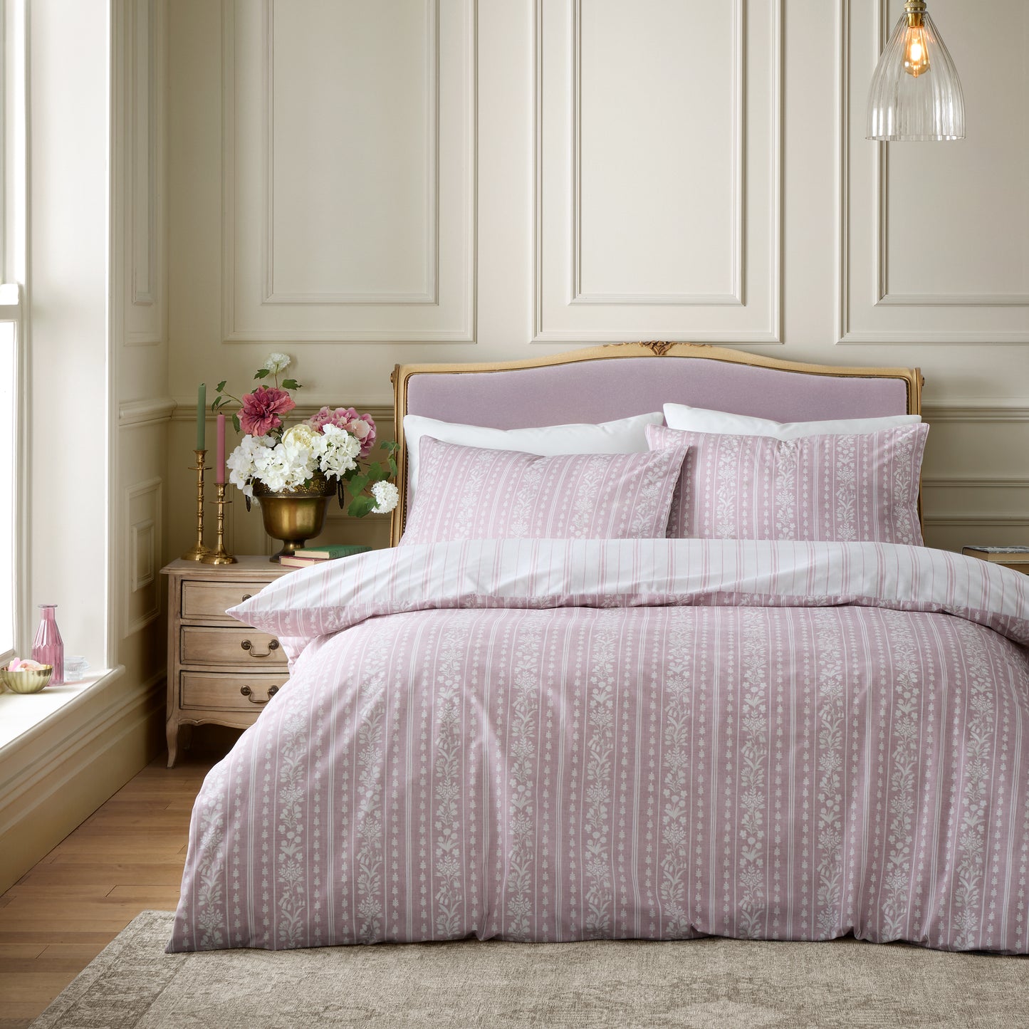 Regency Stripe Reversible Duvet Cover Set in Pink - Bridgerton By Catherine Lansfield