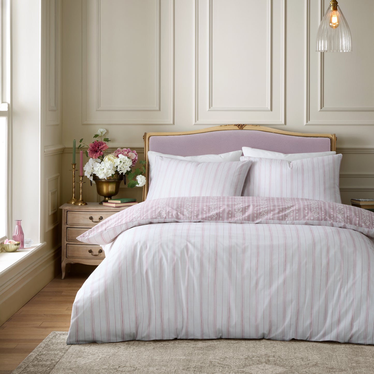 Regency Stripe Reversible Duvet Cover Set in Pink - Bridgerton By Catherine Lansfield