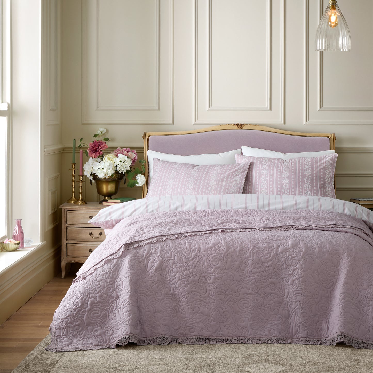 Silhouette Floral Lace 220x230cm Bedspread in Pink - Bridgerton By Catherine Lansfield