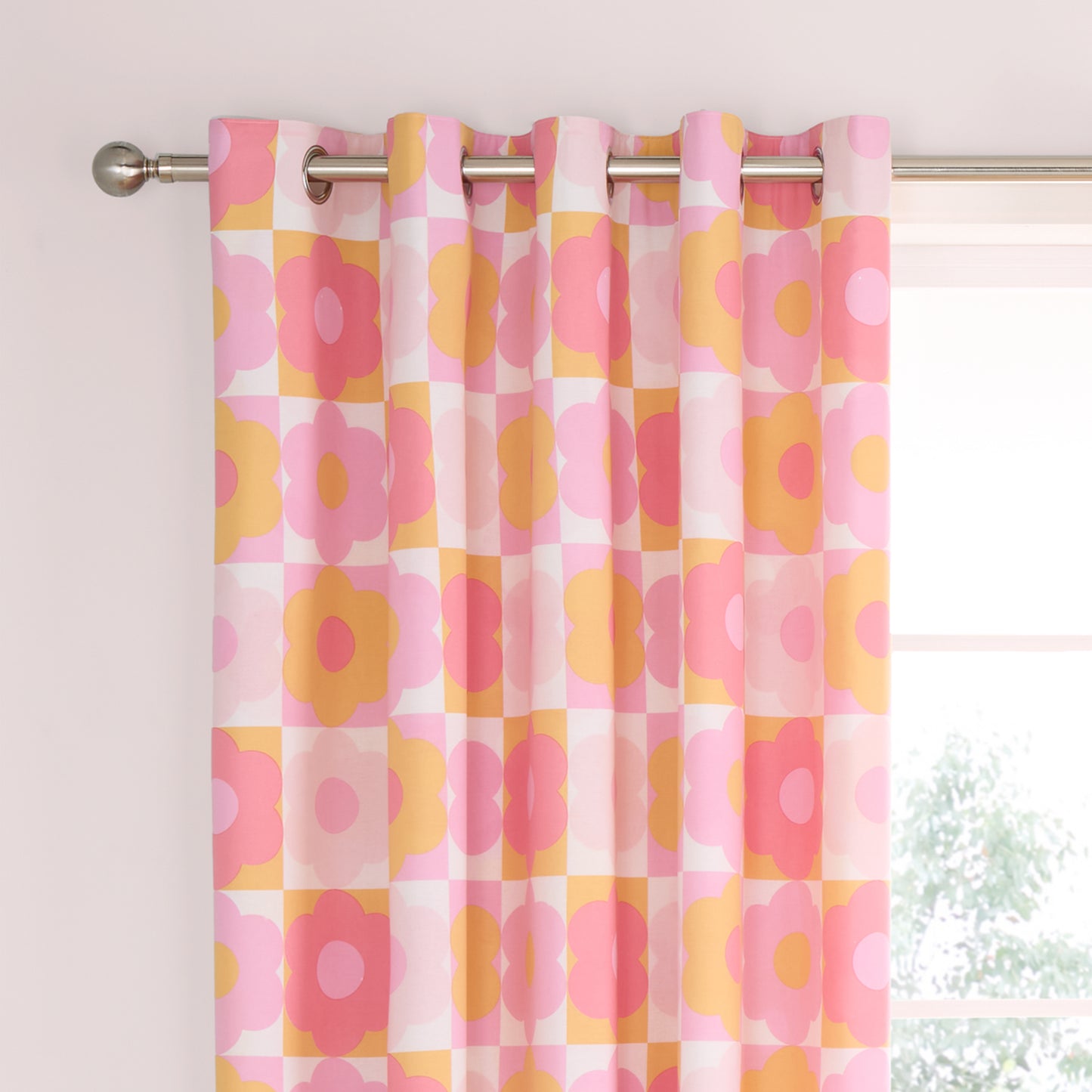 Retro Daisy 66x72 Inch Fully Reversible Eyelet Curtains in Pink by Catherine Lansfield