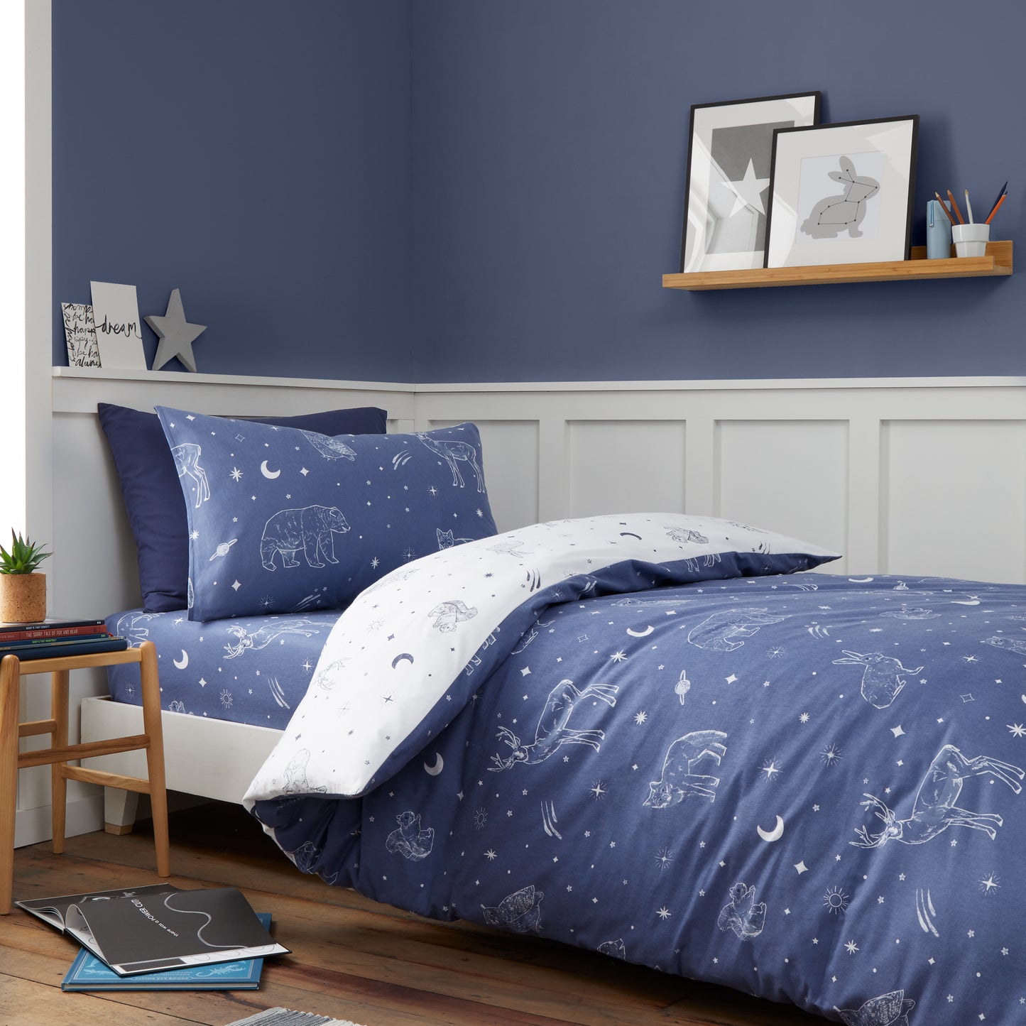 Brushed Starlight Animals Reversible Cotton Duvet Cover Set in White/ Blue by Bianca Kids