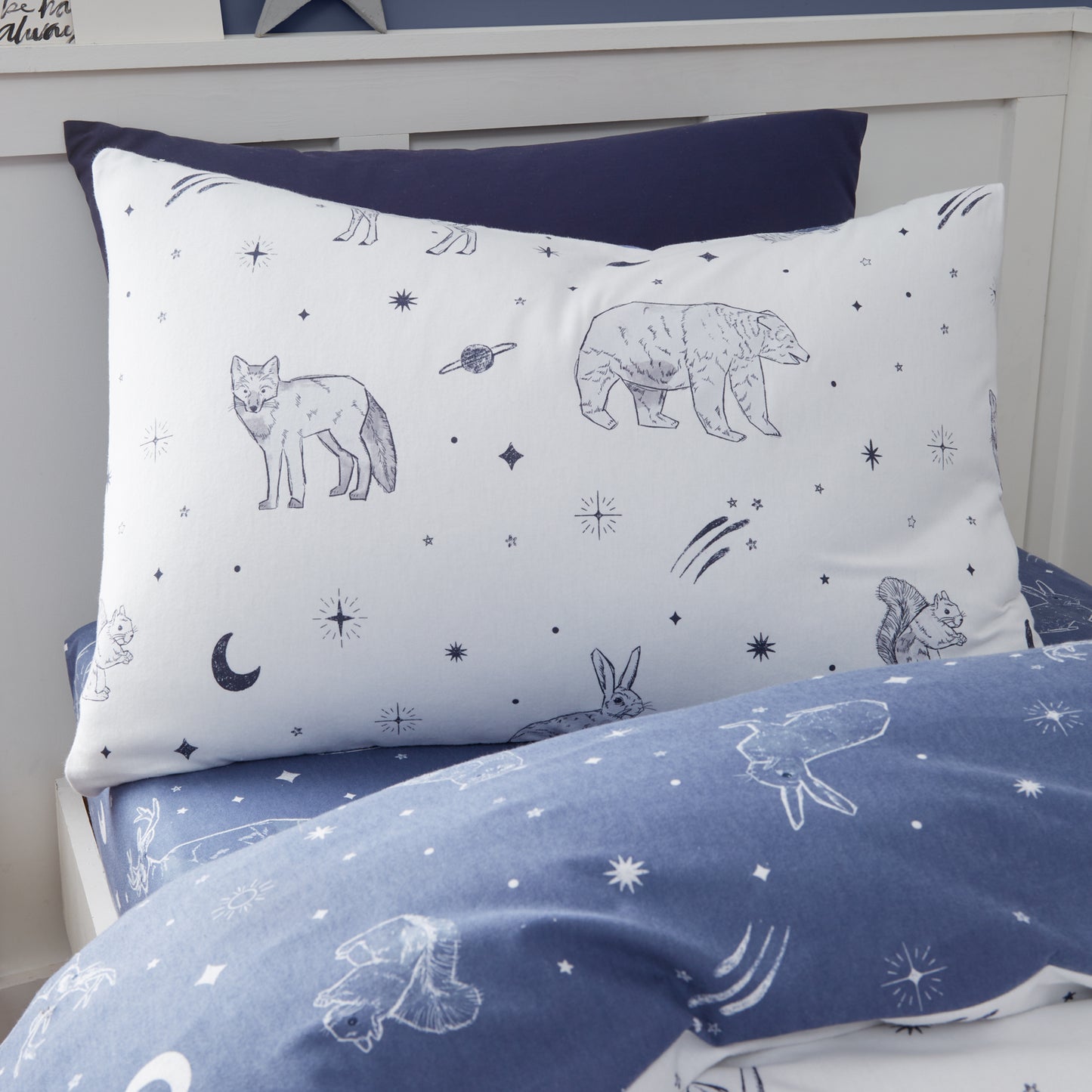 Brushed Starlight Animals Reversible Cotton Duvet Cover Set in White/ Blue by Bianca Kids