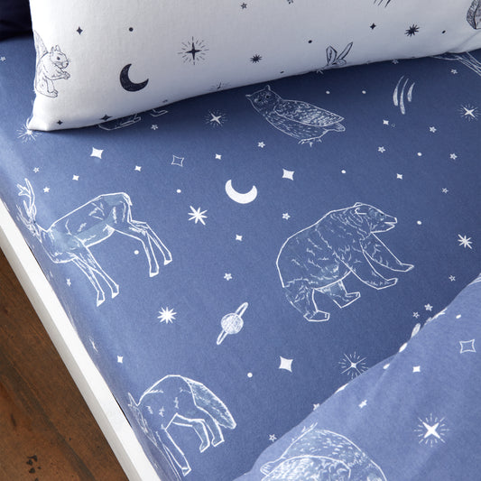 Brushed Starlight Animals Cotton Fitted Sheet in Navy Blue by Bianca Kids